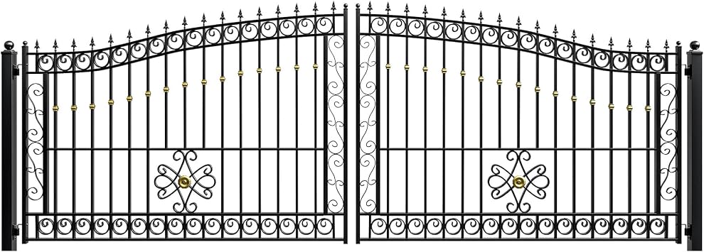 ZUMI 18x6 ft Dual Swing Driveway Gate Kit, Heavy-Duty Galvanized Steel Outdoor Security Gate with Arched Scrollwork & Gold-Tone Finials, Decorative Entry Gate for Home, Garden