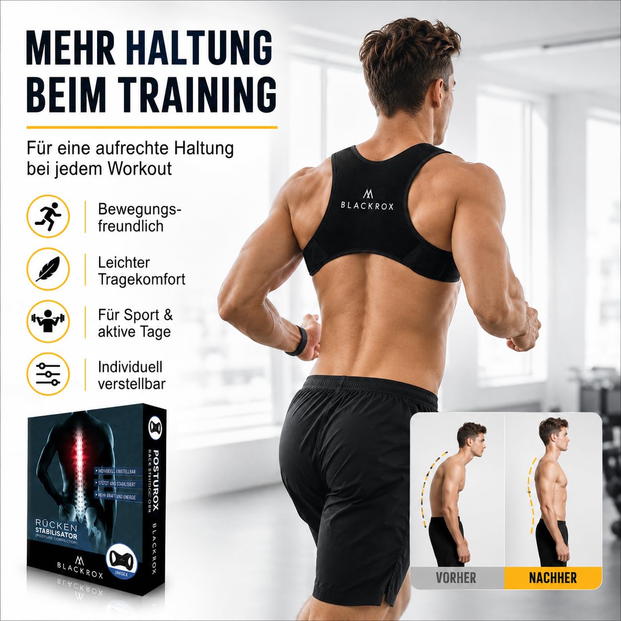 Blackrox Rückenstabilisator Vergleichssieger Haltungskorrektur für Schulter & Rücken Geradehalter Verstellbare Größe Damen Herren, Schwarz, one size