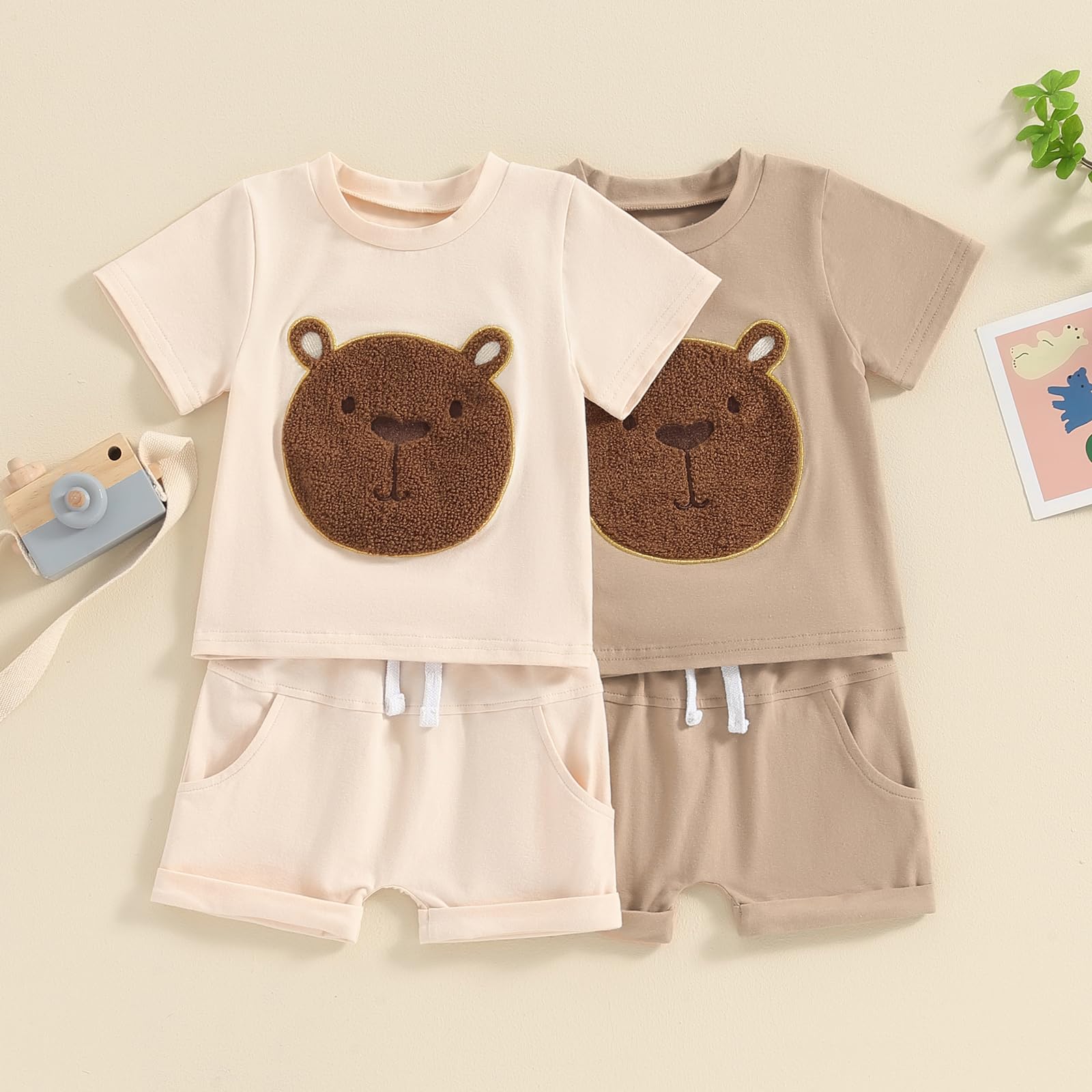 Baby Bear Outfit Toddler Boys Girls Embroidered Fuzzy Bear Shirt Tops Elastic Waist Jogger Short 2Pcs Summer Clothes (A Apricot, 18-24 Months)