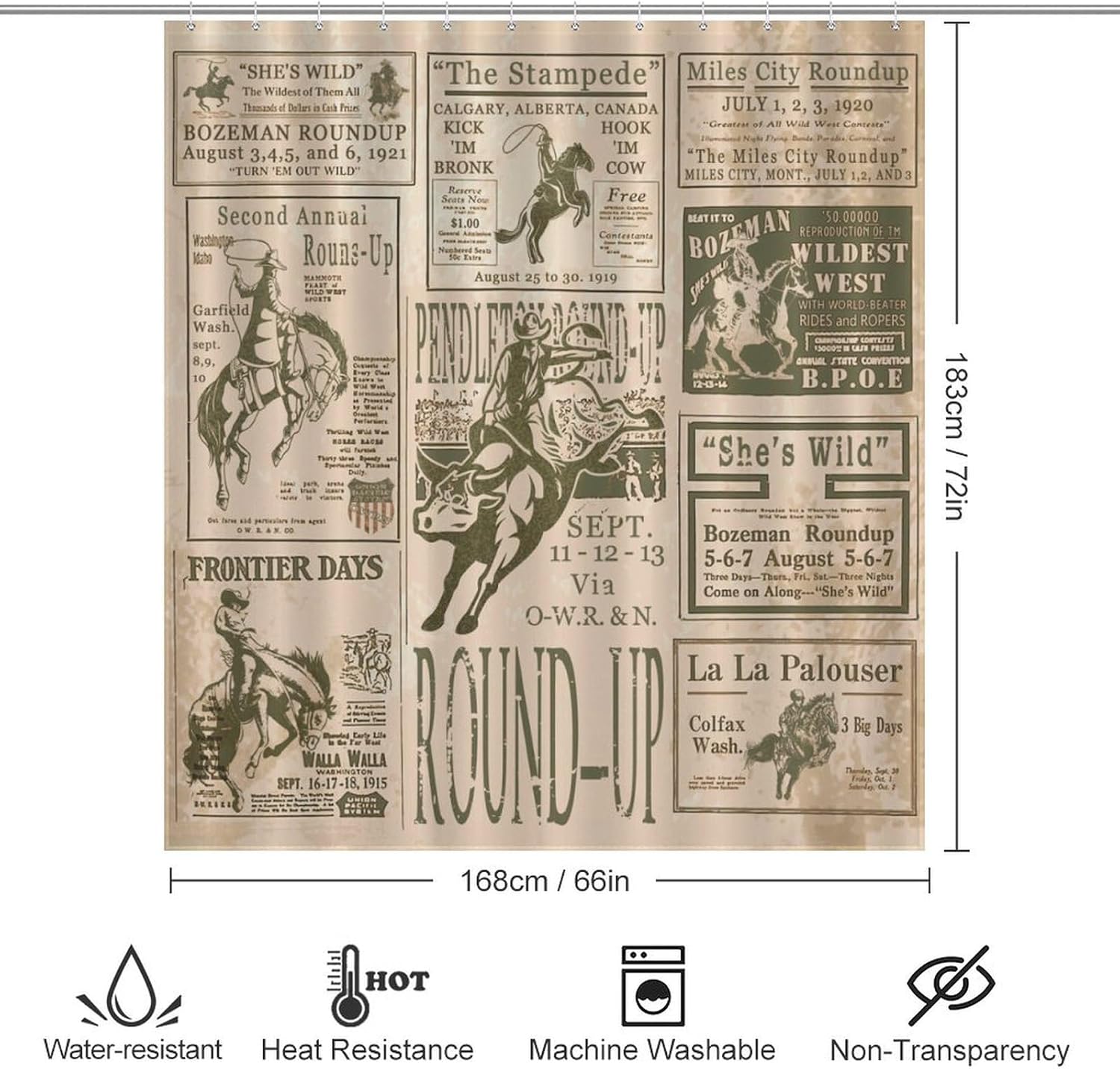 Western Cowboy Shower Curtain Vintage Farmhouse Country Shower Curtain for Bathroom American West Cowboy Riding Horse Rodeo Round-Up Roman Waterproof Fabric with Hooks 66"" Wx72 L, Blue