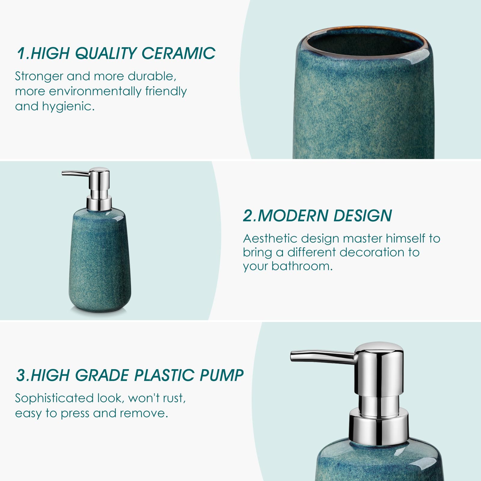 vancasso Set di accessori da bagno verde, dispenser di sapone in ceramica e portaspazzolino, set da 4 pezzi per lavabo da bagno in gres porcellanato, per arredamento moderno della casa, serie Starry
