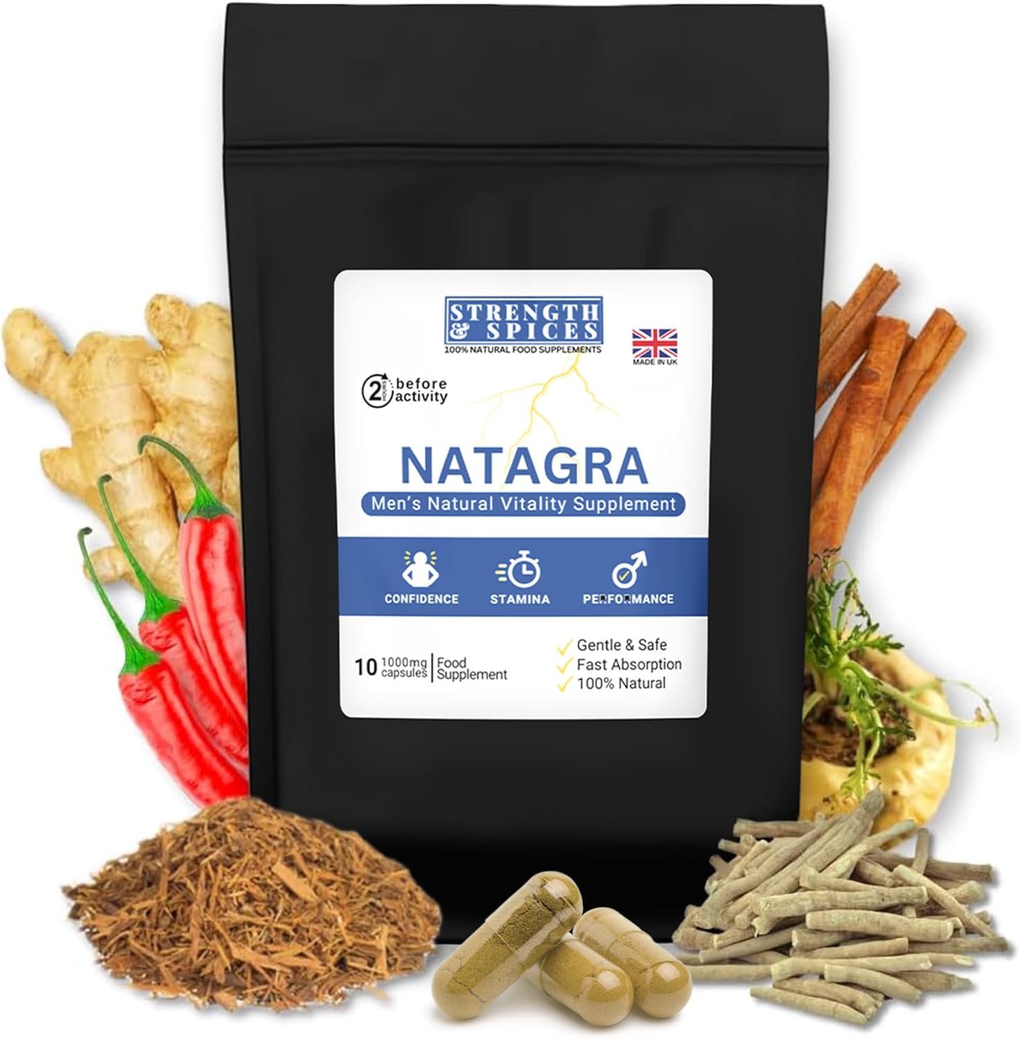 Natagra 1000mg Natural Male Vitality Supplement – Herbal Blend with Maca, Tribulus Terrestris, Ginseng – Supports Energy and Well-Being – Vegan & UK Made – 10 Capsules