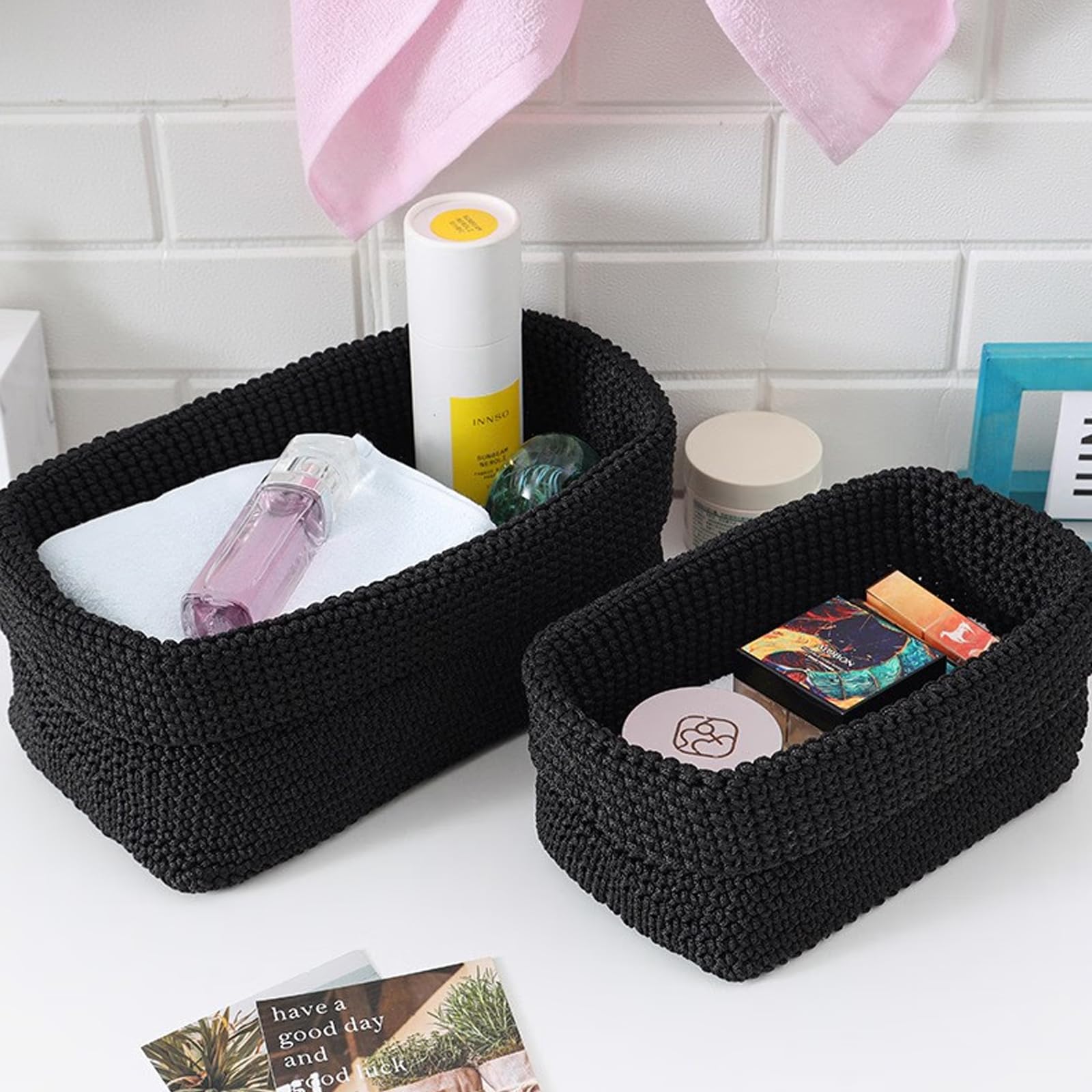 Panier Rangement Tressé Carré En Polyester Noir – Petit Organisateur 21x13x15,5 Cm Pour Bijoux, Cosmétiques, Serviettes