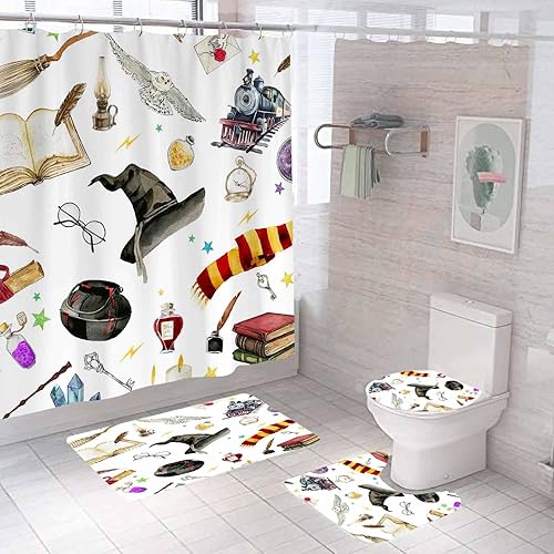 Miniatura 35 de Juego de 4 cortinas de ducha de Halloween con alfombras, divertida cortina de ducha fantasma, cortina de ducha rosa de tela impermeable, cara Rosa