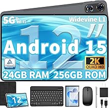Tableta Android 15 de 12 pulgadas, tableta Android mejorada 2025 con teclado, 24 GB de RAM+256 GB de ROM (expansión de 1 TB), pantalla Octa-Core, pantalla 2K 2000 x 1200, cámara dual de 16 MP, 8000
