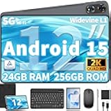 12 Inch Tablet Android 15 Tablets, 2025 Upgraded Android Tablet with Keyboard, 24GB RAM+256GB ROM(1TB Expand), Octa-Core, 2K 2000x1200 Display, 16MP Dual Camera, 8000mAh, 2.4G/5G WiFi, GPS (Black)