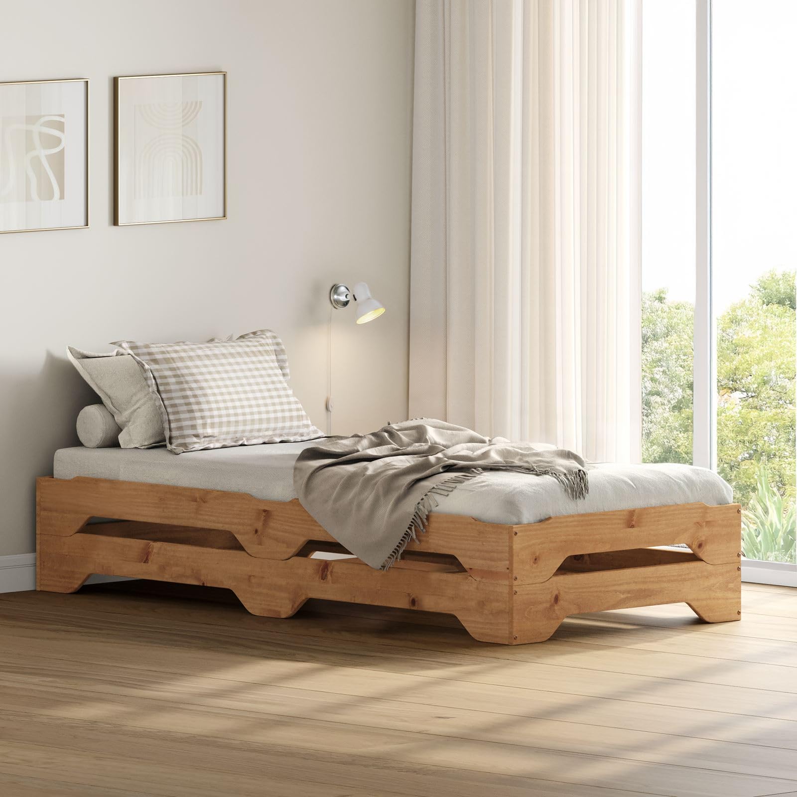 IDIMEX Stapelbett 2er Set Gästebett Ronny Einzelbett Stapelliege Kiefer massiv Eichefarben Bett 90x200 cm Kinderbett Jugendbett