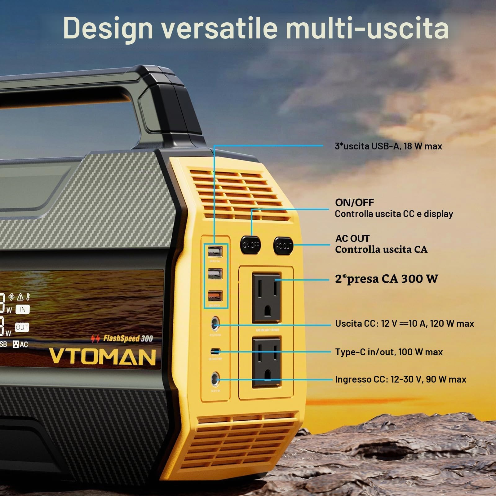 VTOMAN FlashSpeed 300 230Wh 300W Campeggio Centrale Elettrica Portatile | Generatore Solare, Batteria LiFePO4, Uscita de CA (Picco 600W), Ricarica Rapida per Campeggio, Viaggio, Esterni, Pesca