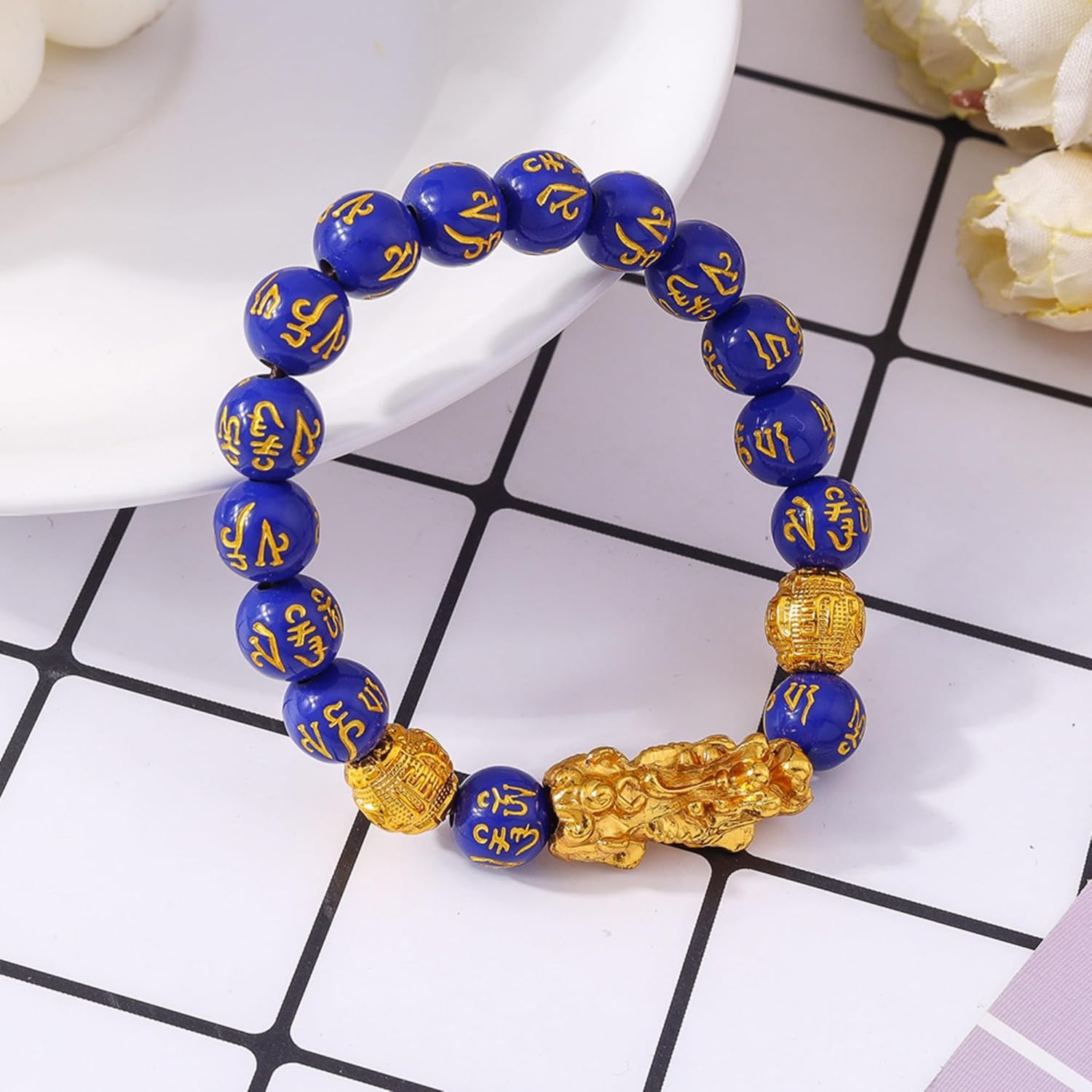 FengShui Bracelet for Men Women Wealth Good Luck Bracelet Black Obsidian Buddha Bead Bracelets Elastic Buddha Dragon Mantra Bracelets Prosperity Protection Jewelry (blue) - Image 5
