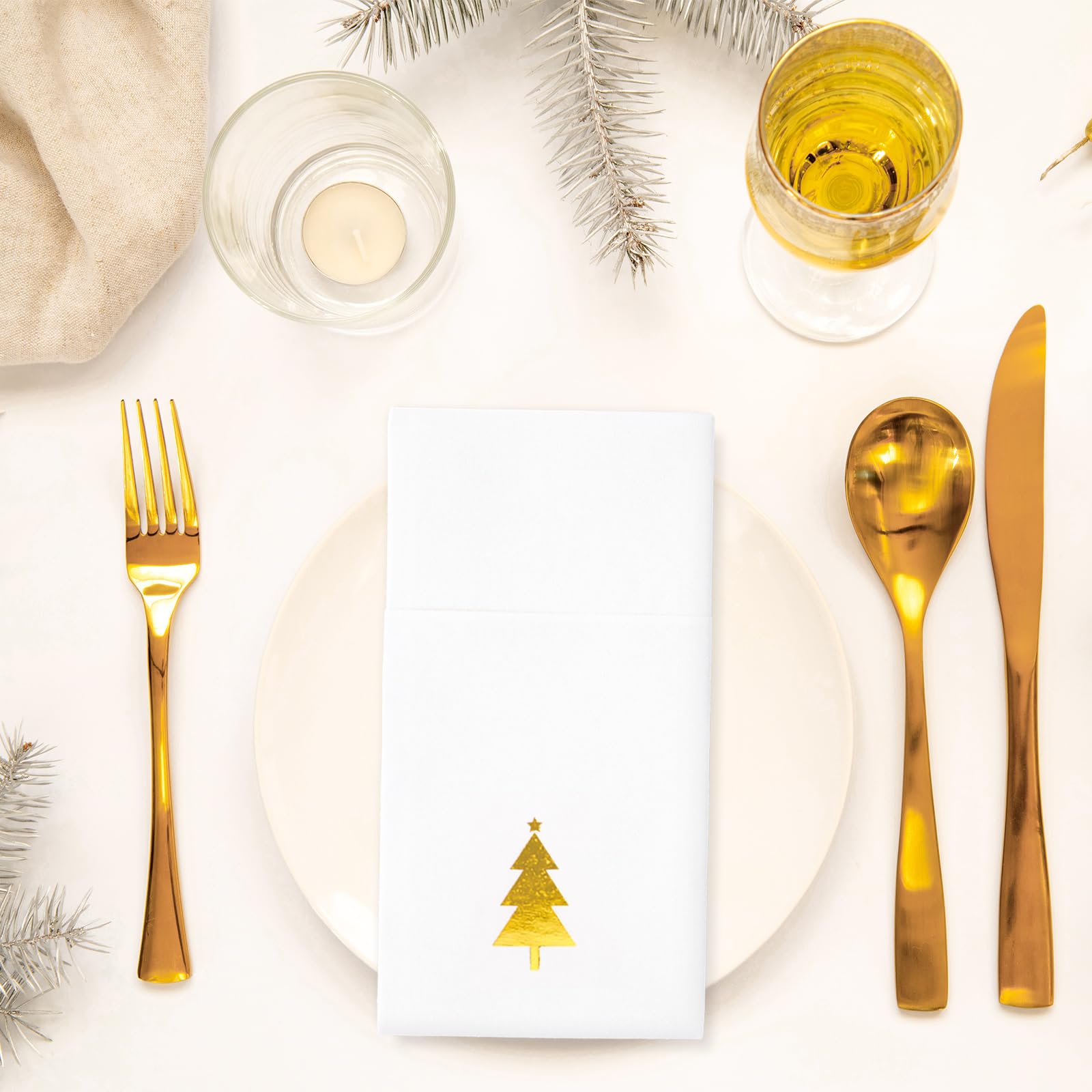 Whaline Lot de 100 serviettes en papier jetables avec poche intégrée pour couverts Motif sapin de Noël Doré