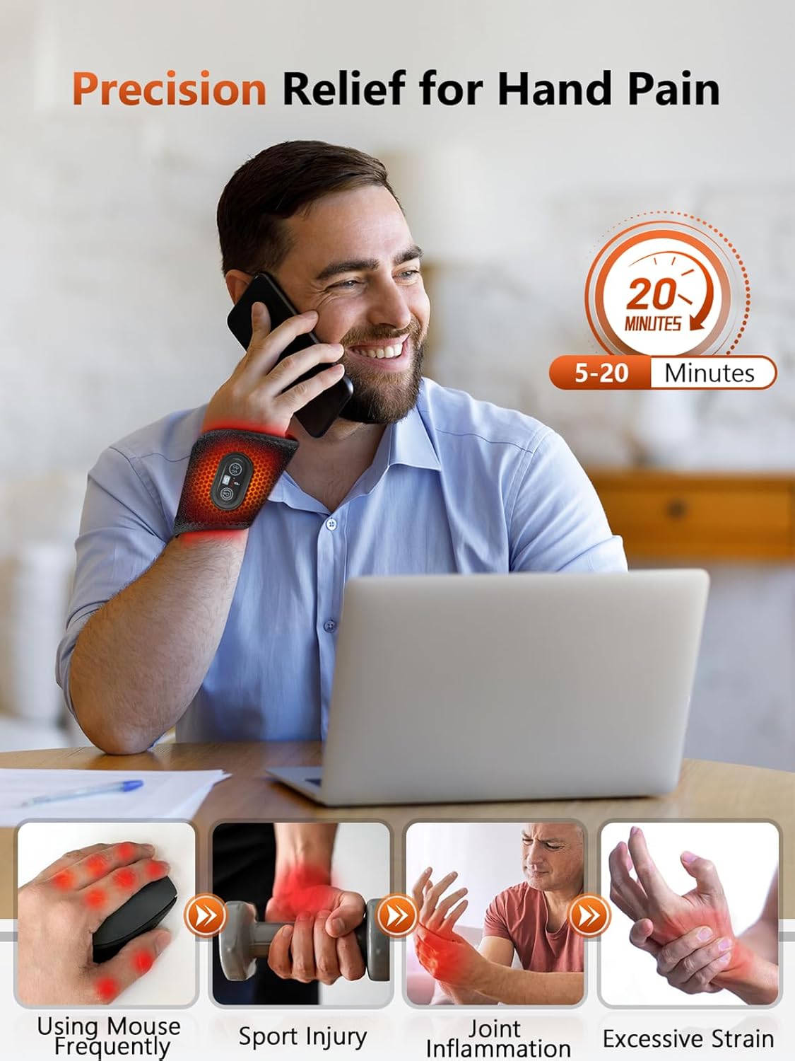 Red Light Therapy for Hands Wrist with Heat & Massage, 3000mAh Wireless Controller, Wearable Near Infrared & Red Light Wrist Wrap with 36 Beads for Faster Recovery & Hand Pain Relief - Image 3