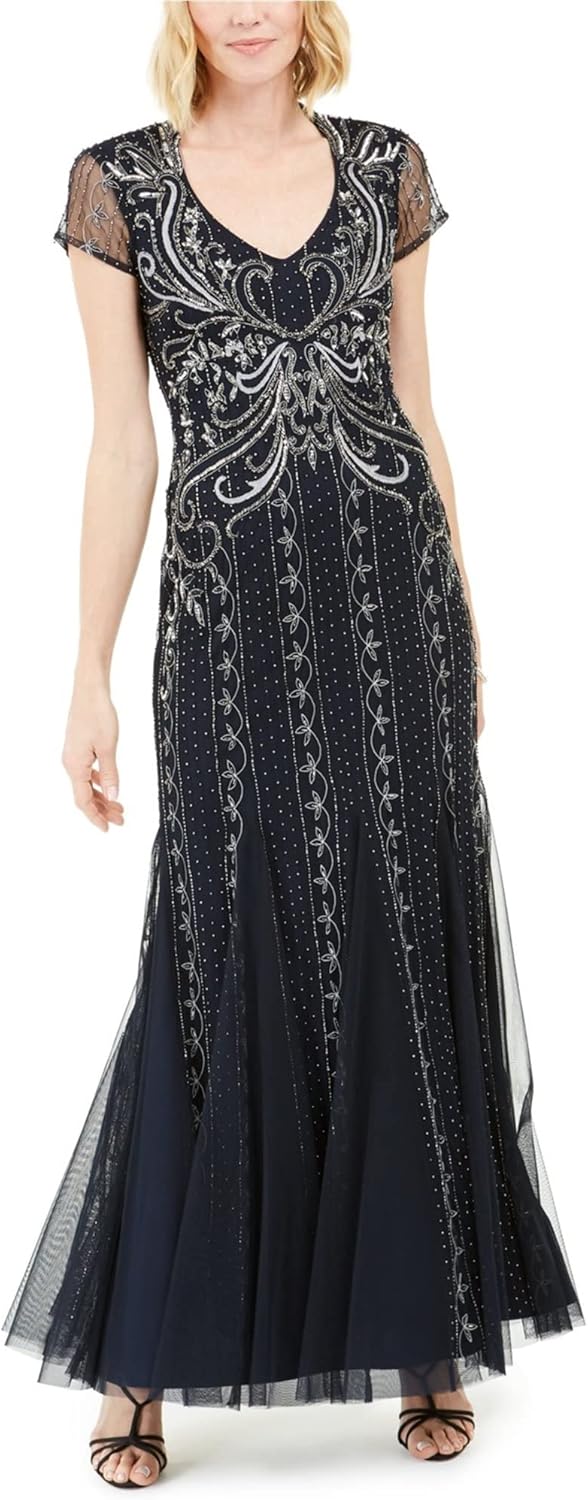 Adrianna Papell Robe de robe à perles pour femme, bleu, 16, bleu marine