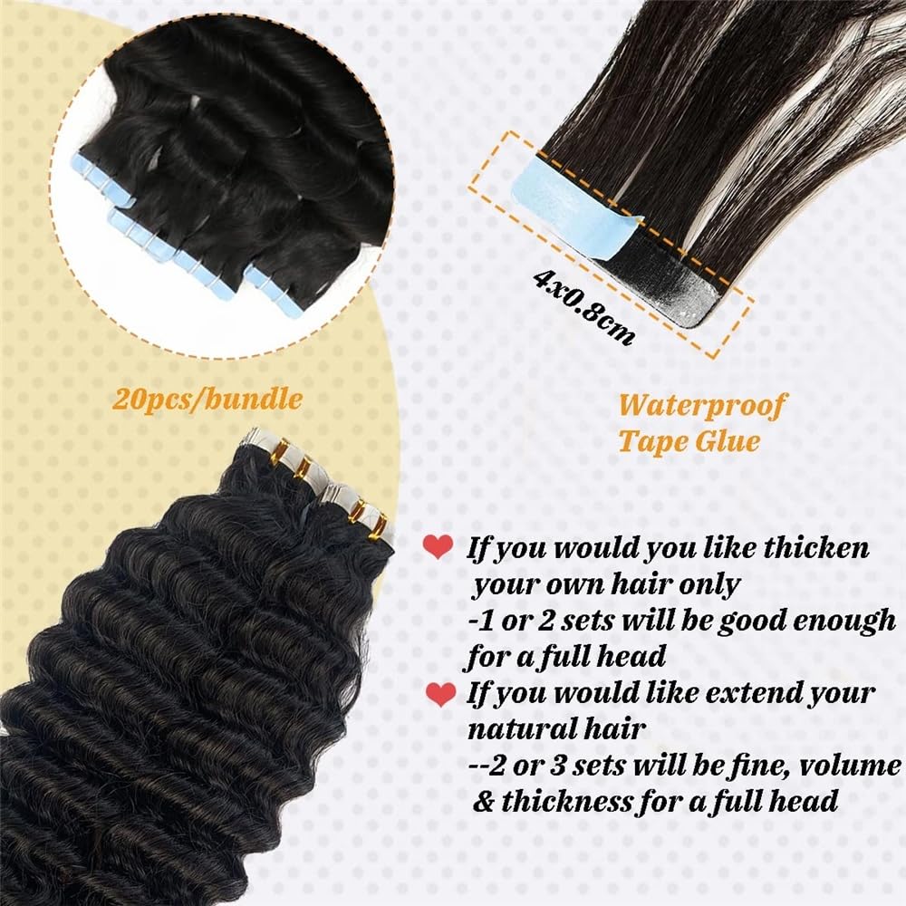Extensions Band 16-26 Zoll Echthaar Extensions Band 16-26 Zoll lang tiefe Welle Nahtlose Haut Faden Unsichtbares Naturband Schwarz Remy Unsichtbares Haar(24 Inches)