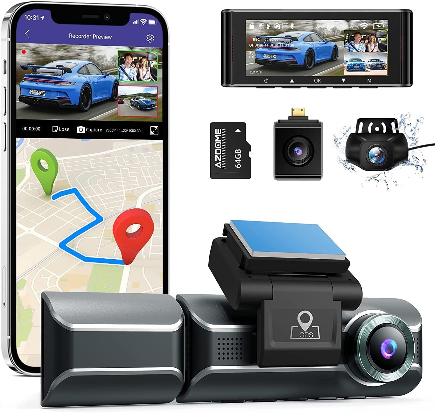 Caméra Embarquée Avant Arrière 1080P WiFi Avec Carte SD 64Go - Dashcam 3 Canaux Vision Nocturne