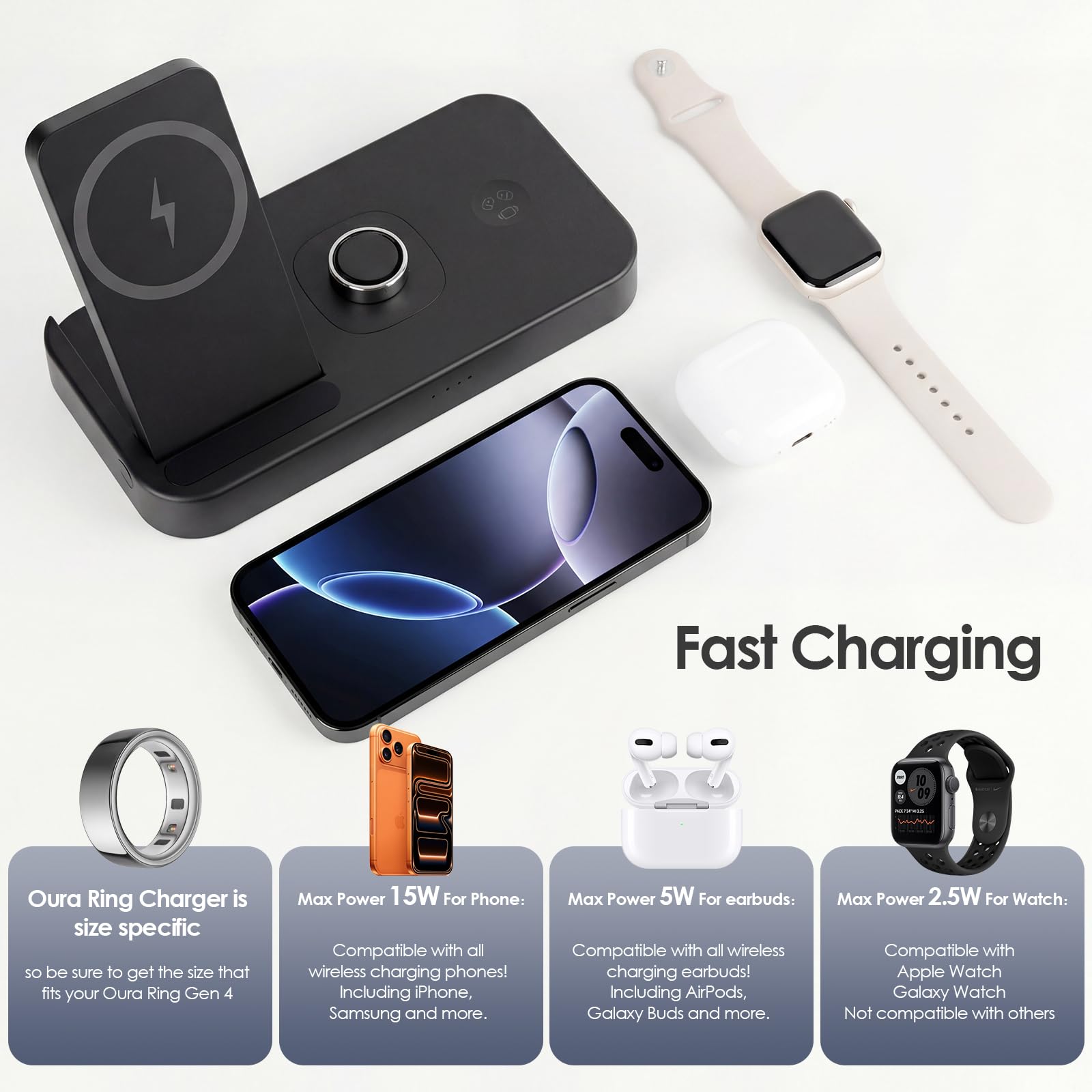 Station de charge 4 en 1 pour Oura Ring Gen 4, chargeur rapide pour iPhone 17/16/15/14/13/12, Apple Watch, AirPods, Samsung Galaxy S25/S24/S23/S22/S21, Galaxy Watch Buds (taille 12)