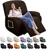 Vista 39 de YEMYHOM Funda elástica de 4 piezas para silla reclinable de jacquard con bolsillo lateral, antideslizante, ajustable, protector de muebles con parte