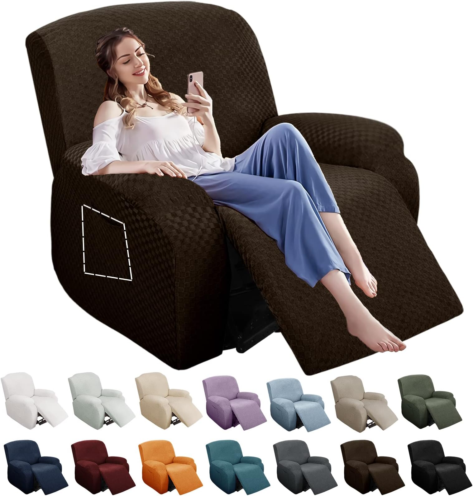 4 Pieces Stretch Recliner Slipcover Latest Jacquard Recliner Chair Cover with Side Pocket Anti-Slip Fitted Recliner Cover Couch Furniture Protector with Elastic Bottom (Recliner, Dark Coffee)