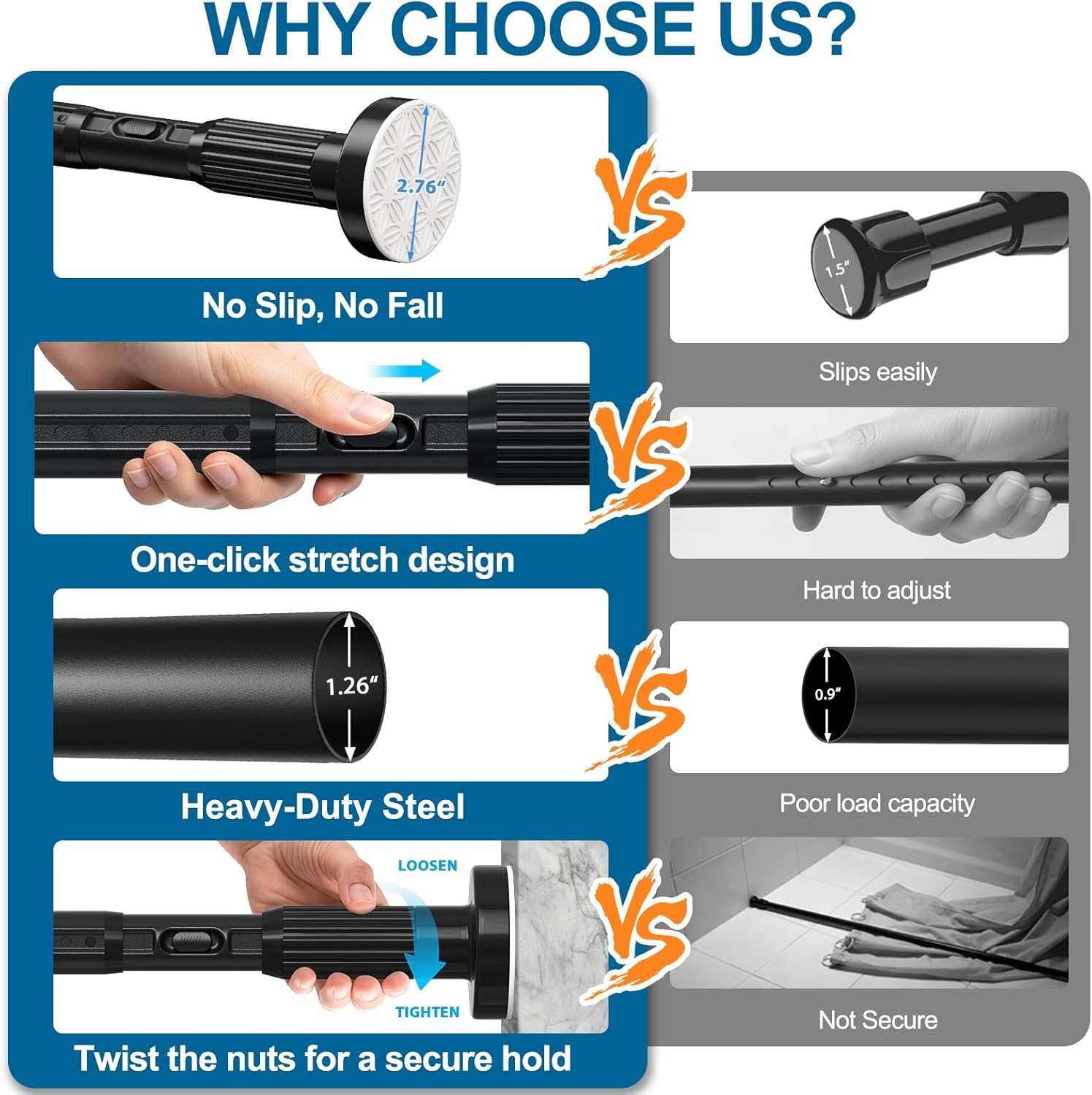 AIZESI 41-118 Inch Heavy Duty Black Tension Curtain Rod - No Drilling, Adjustable, Rust-Proof for Outdoor, Living Room, Bathroom