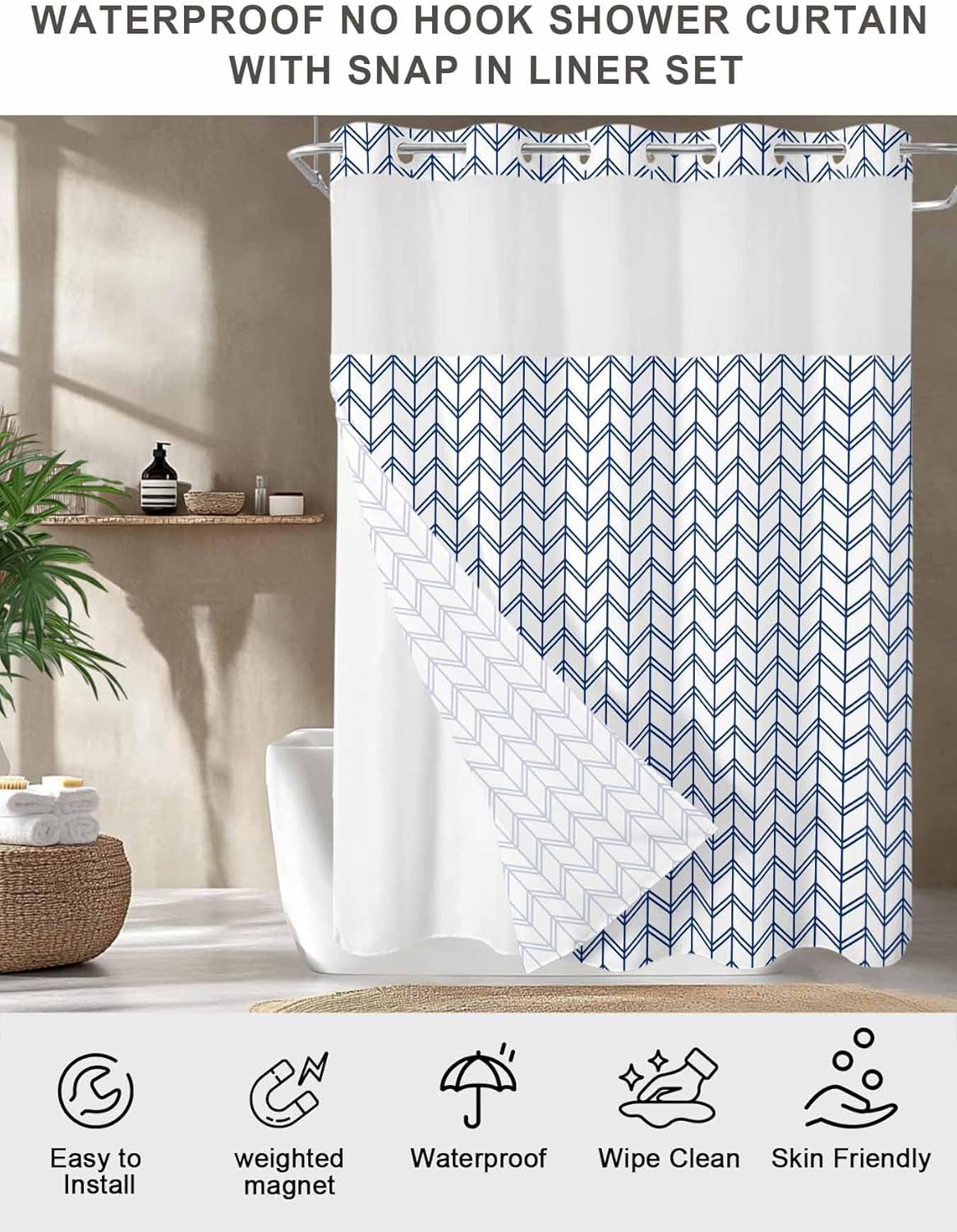 No Hook Shower Curtain with Snap in Liner,Minimalist Geometric Stripe Art Waterproof Bath Curtain with See Through Top Window,Abstract Blue Herringbone Shower Curtains for Bathroom Decor,72x72in