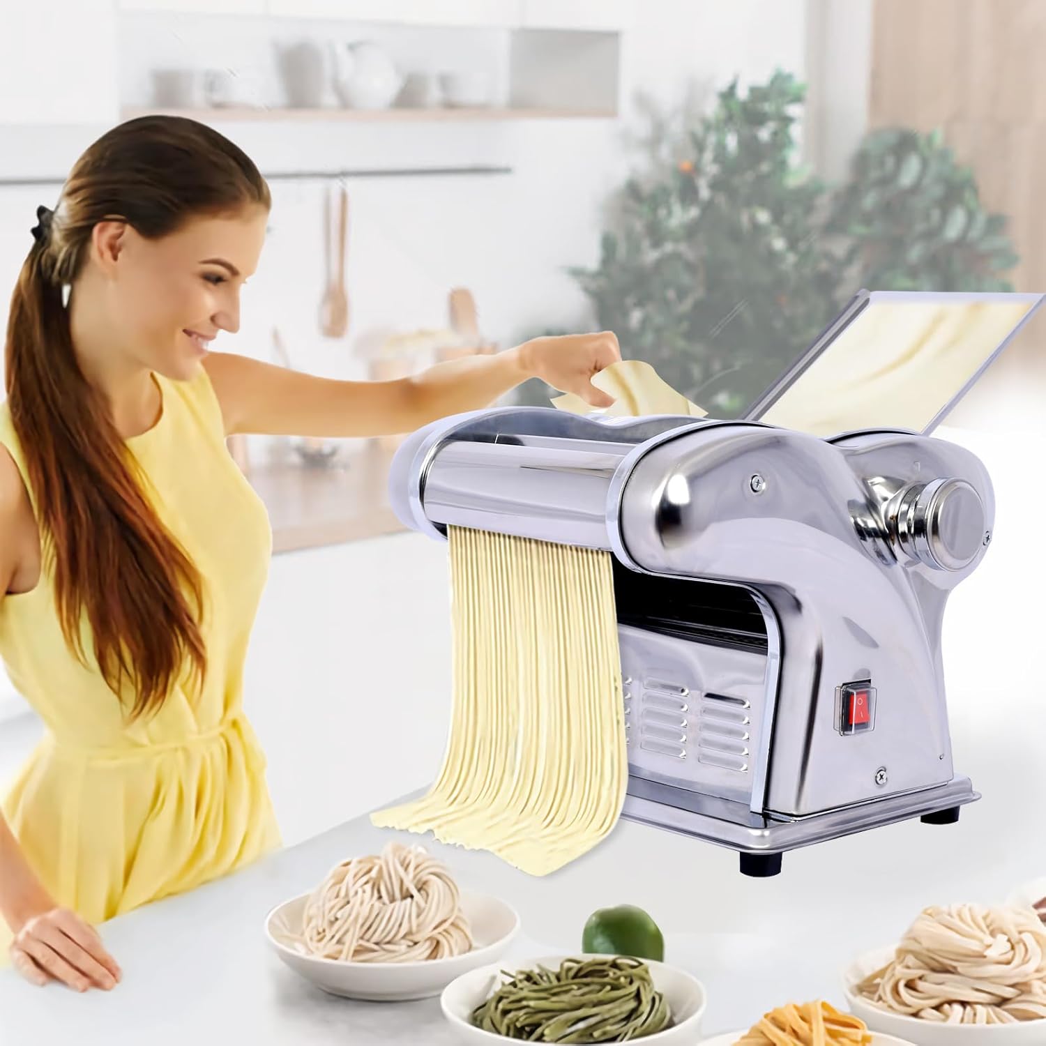 Donext 110V 135w 3 Blades Type Electric Pasta Maker, Household Noodle Making Machine Dough Spaghetti Roller Pressing Machine with 2.5mm Noodle Cutter, Stainless Steel, for Commercial & Homemade Use