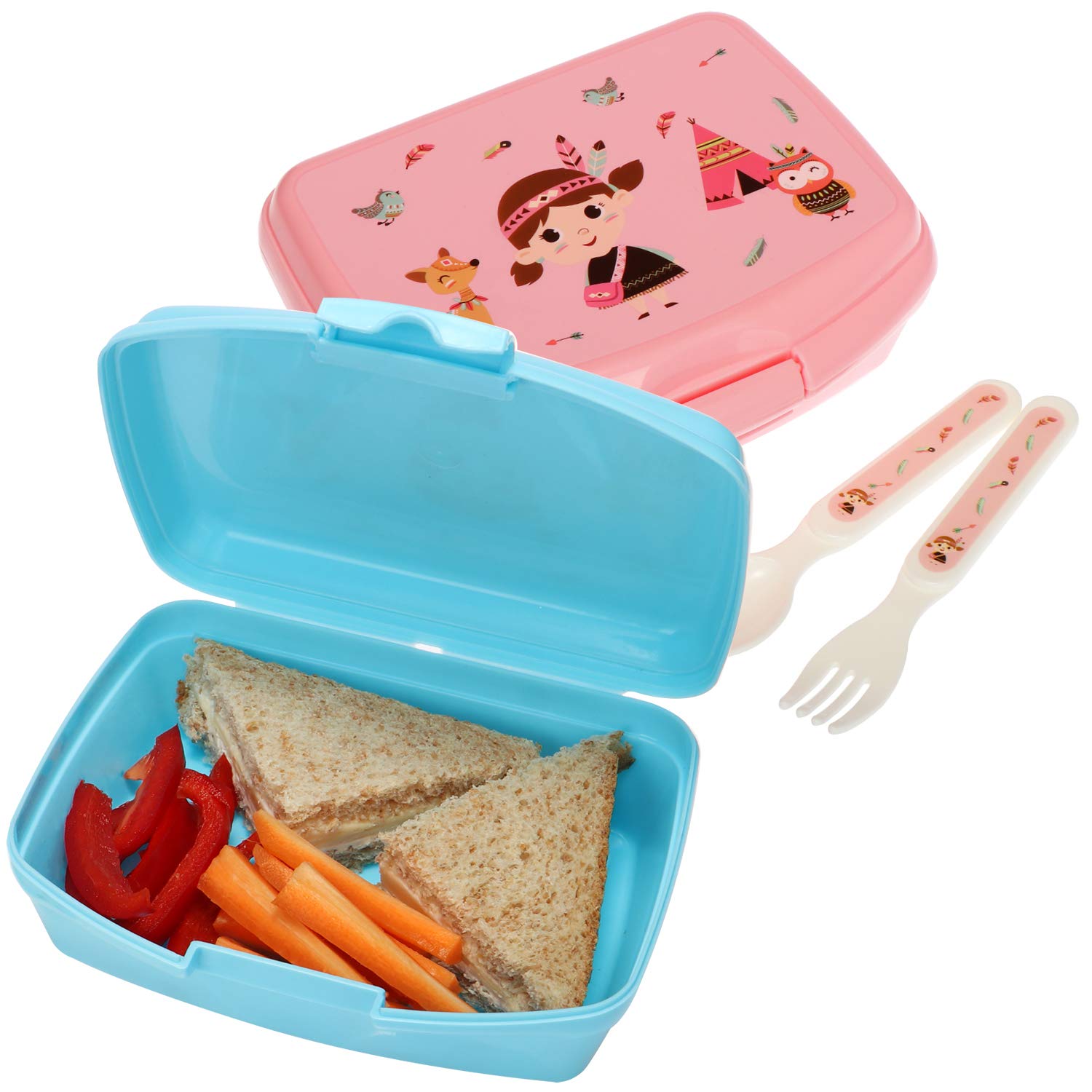 COM-FOUR® Set da 6 pezzi composto da scatola per il pranzo e posate, con divertenti motivi indiani per ragazzi e ragazze, scatole per il pranzo con cucchiai e forchette (rosa/blu - 6