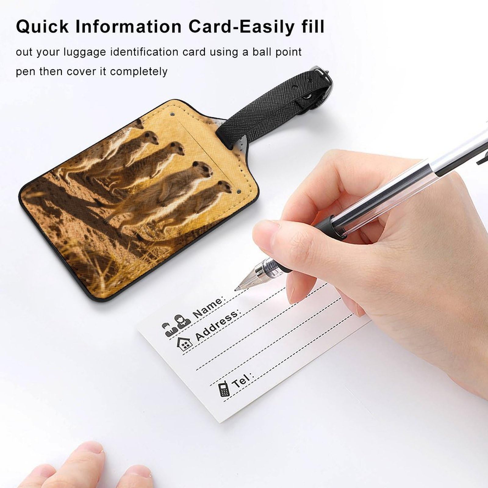 Etichette personalizzate per valigie con motivo suricati sul prato con copertura per la privacy, slot per carte d'identità, per borse da viaggio, etichette con nome dal design unico per valigie, zaini