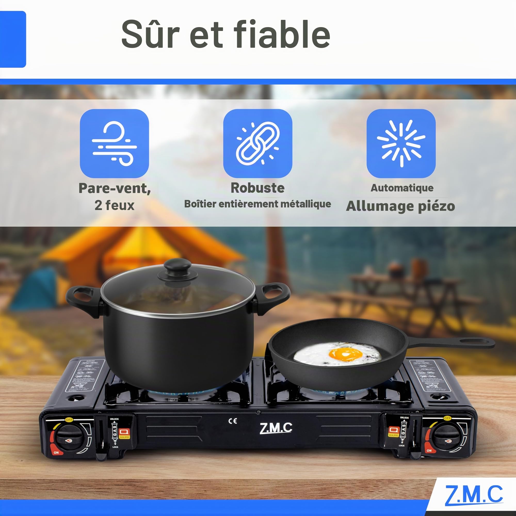 Z.M.C ZMC Réchaud à gaz de camping 2 feux 45x24 cm avec allumage piézoélectrique + adaptateur GPL + 8 cartouches 227 g