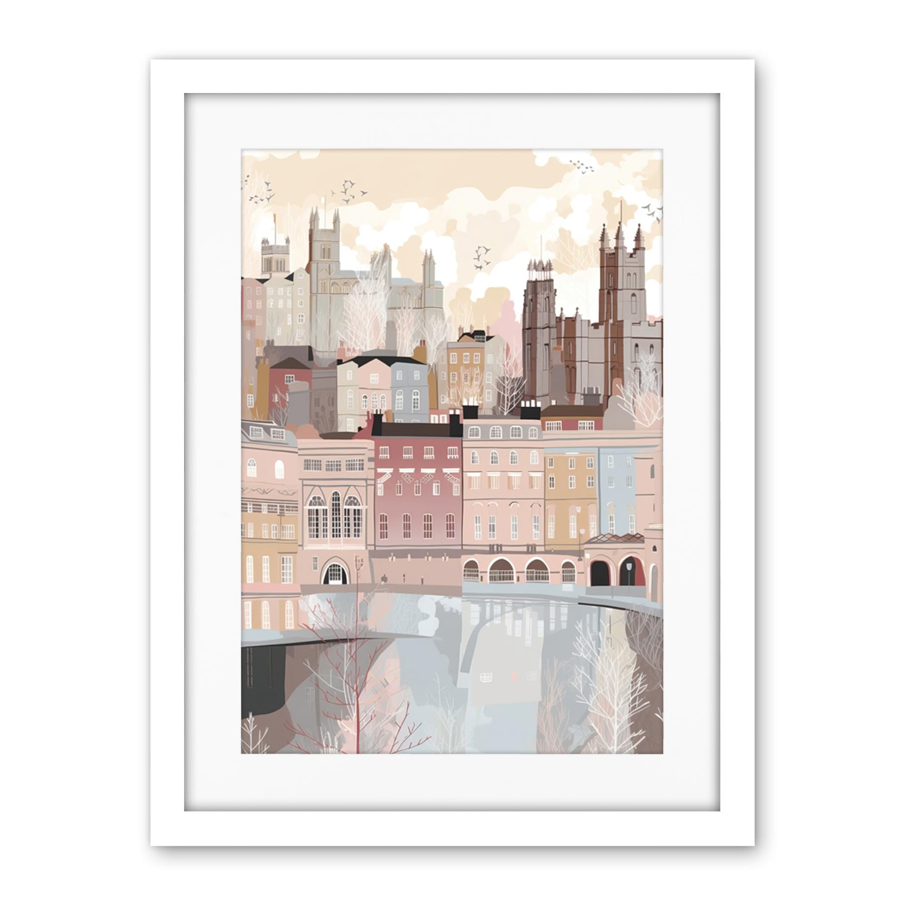 Artery8 Bath Georgian Architecture Pastel Colour Cityscape Artwork Framed Wall Art Print 18X24 Inch