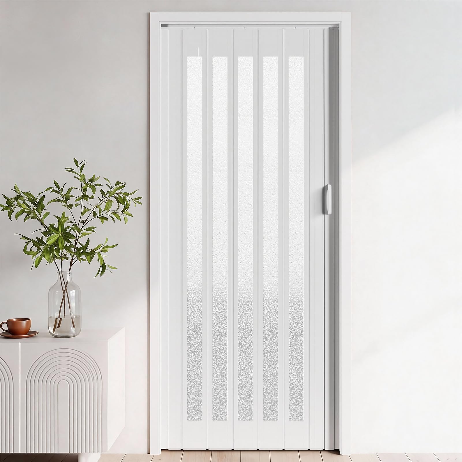 INMOZATA Folding Doors Internal PVC Plastic Features Artistic Patterned Glass Internal Doors with Handle Sliding Concertina Door Panel Divider (White, Thickness 6mm)