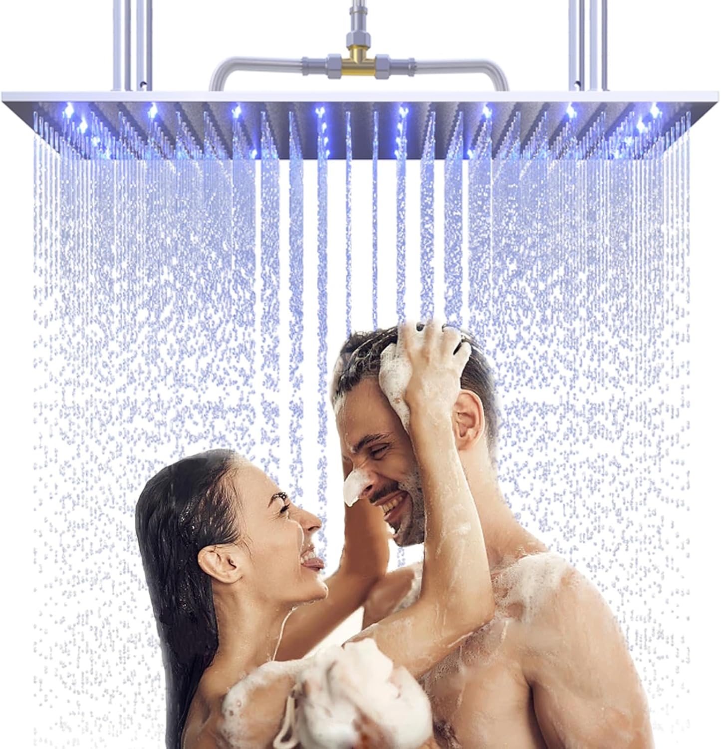 Large Rain Shower Head 32x16Inch LED Rainfall Stainless Steel Showerhead with Silicone Nozzles, Light Up by Water, Wide Coverage Fits 2 People, Ceiling or Flush Adjustable Mount, Brushed Nickel