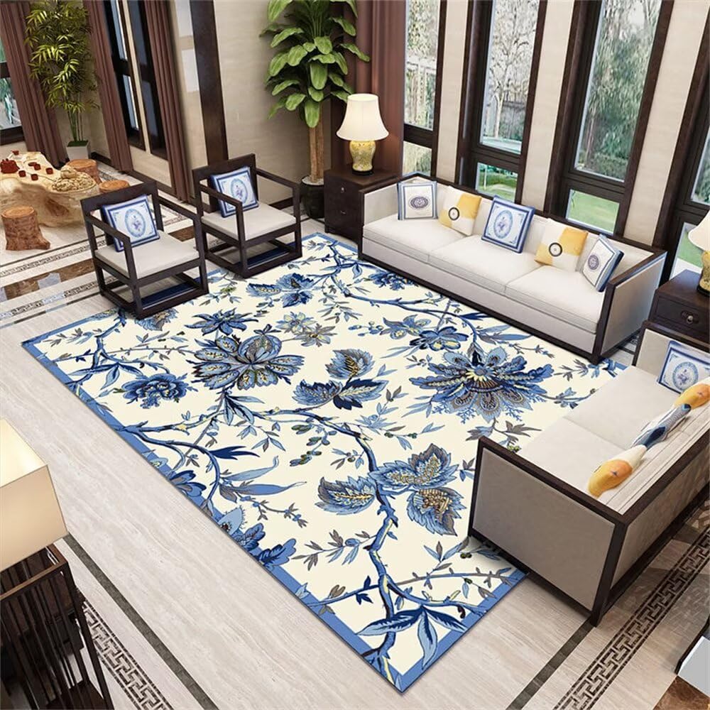 Grand tapis chambre bleu haut de gamme aux motifs de fleurs orientales