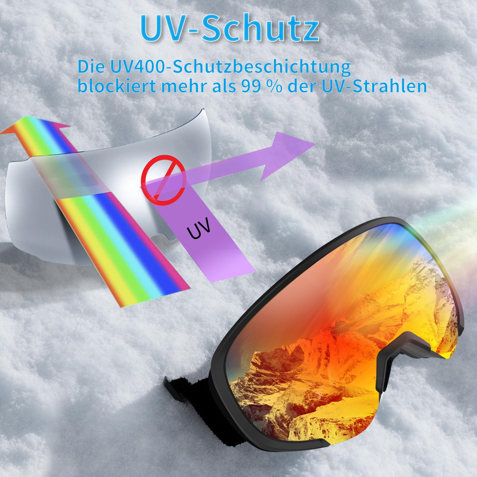 Yeerain Occhiali da sci unisex, da donna, per chi indossa occhiali, design OTG, protezione UV, occhiali da neve, anti-appannamento, sferici, riflessi per ragazzi e ragazze