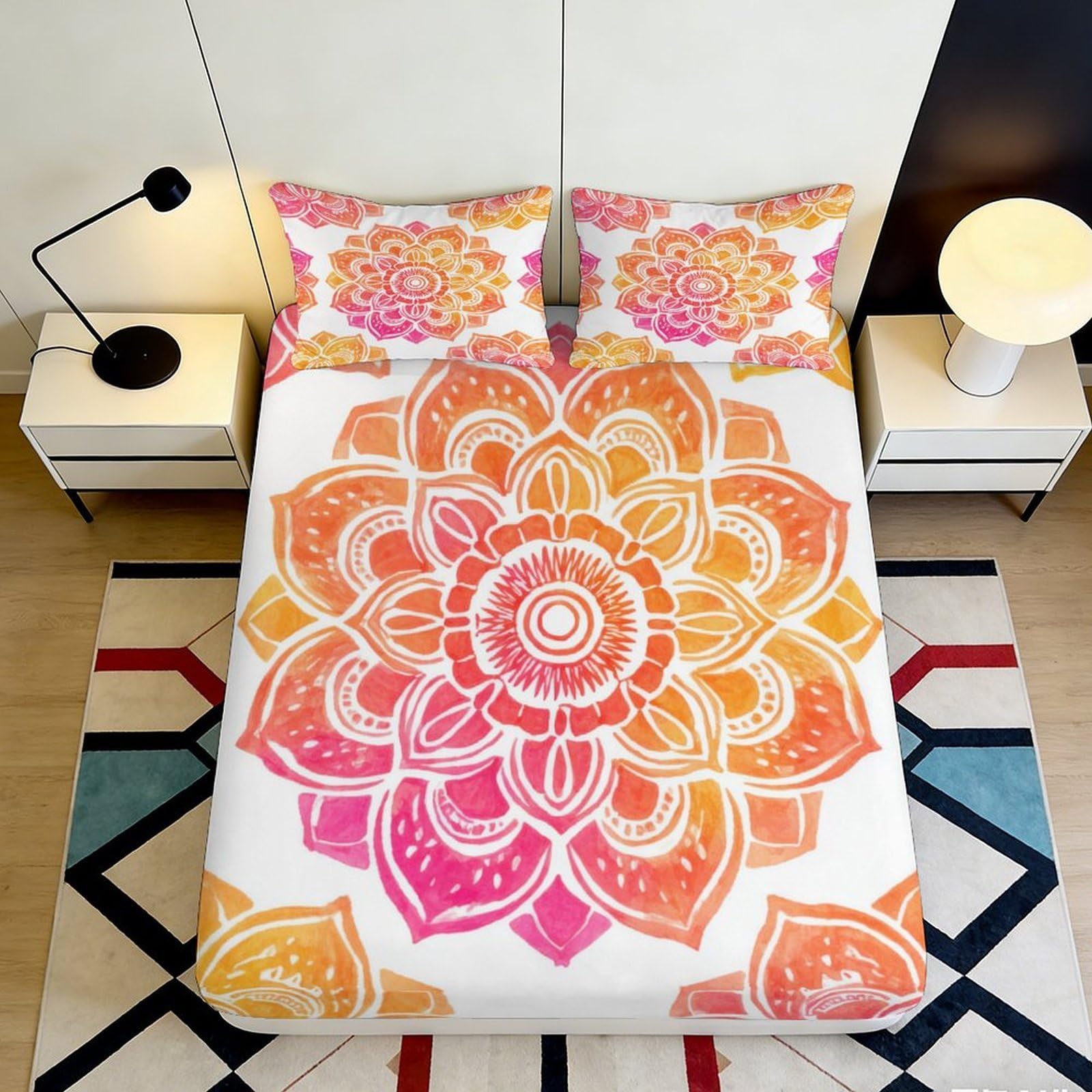 3D Printed Mandala Flower Fitted Sheet Microfiber Soft Orange Pink Boho Lotus Bed Cover for Bedroom Guest Room Decor 90x200x25cm