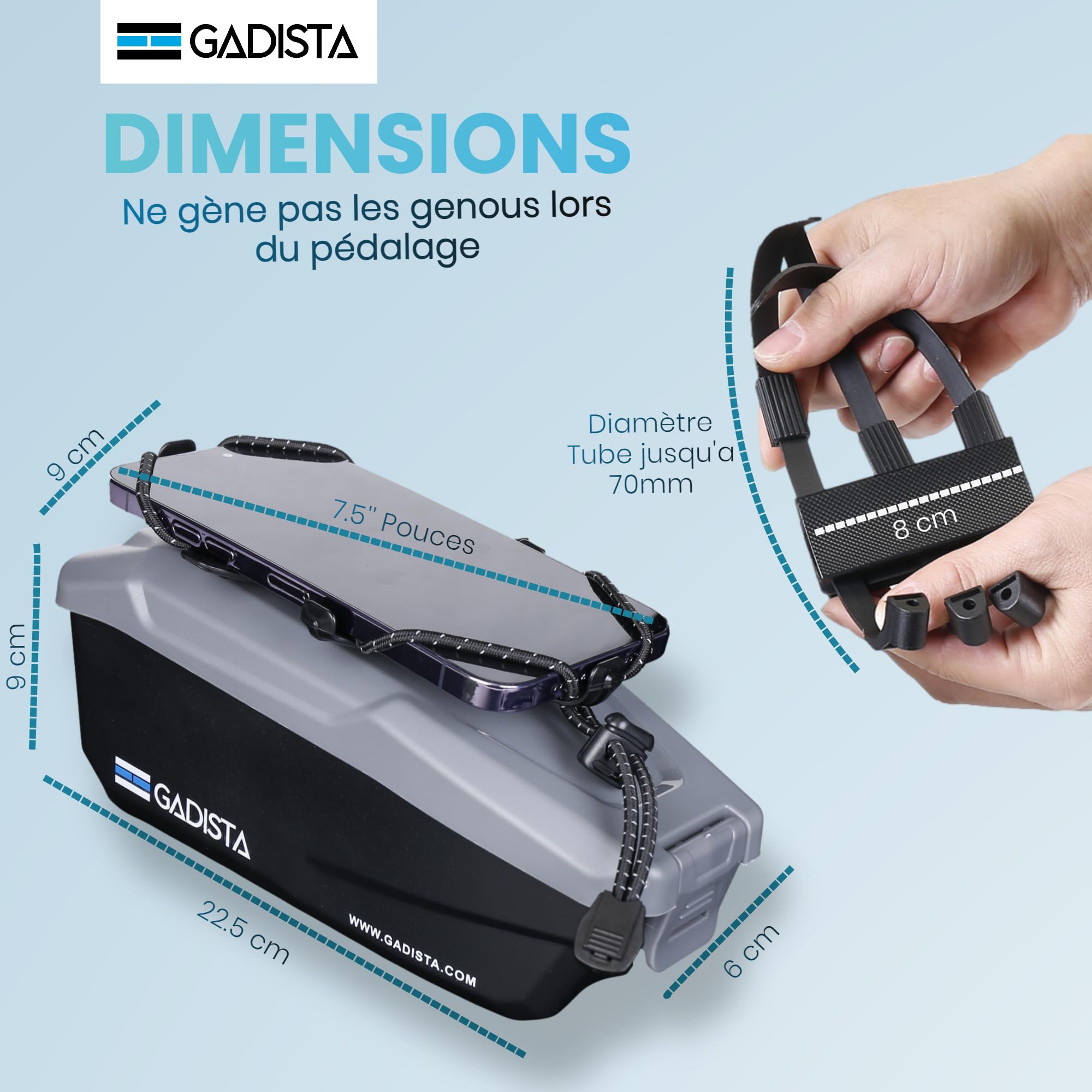 GADISTA France, Sacoche Velo Cadre Etanche pour Telephone Tactile 6.8" VTT, Cadeau Homme Noel, Accessoire Velo Indispensable (Téléphone Externe + Rangement séparé)
