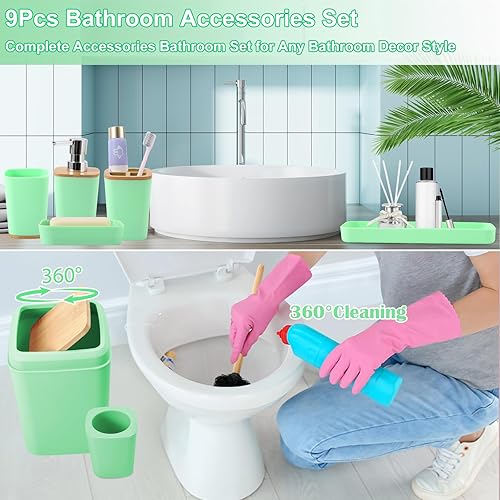 Miniatura 4 de Juego de accesorios de baño verdes, juego de accesorios de baño de 9 piezas con basura, soporte para cepillos de dientes, taza de cepillo de