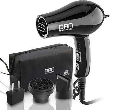 Dan Technology Compact Hair Dryer,Travel Hair Dryer,Portable Mini BlowDryer with Concentrator&Diffuser,HairDryer with European Plug