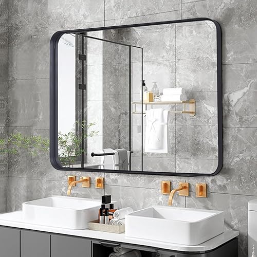 ITSRG Espejo negro para baño, espejo de pared de 24 x 36 pulgadas, espejo montado en la pared para tocador, marco rectangular decorativo de aleación