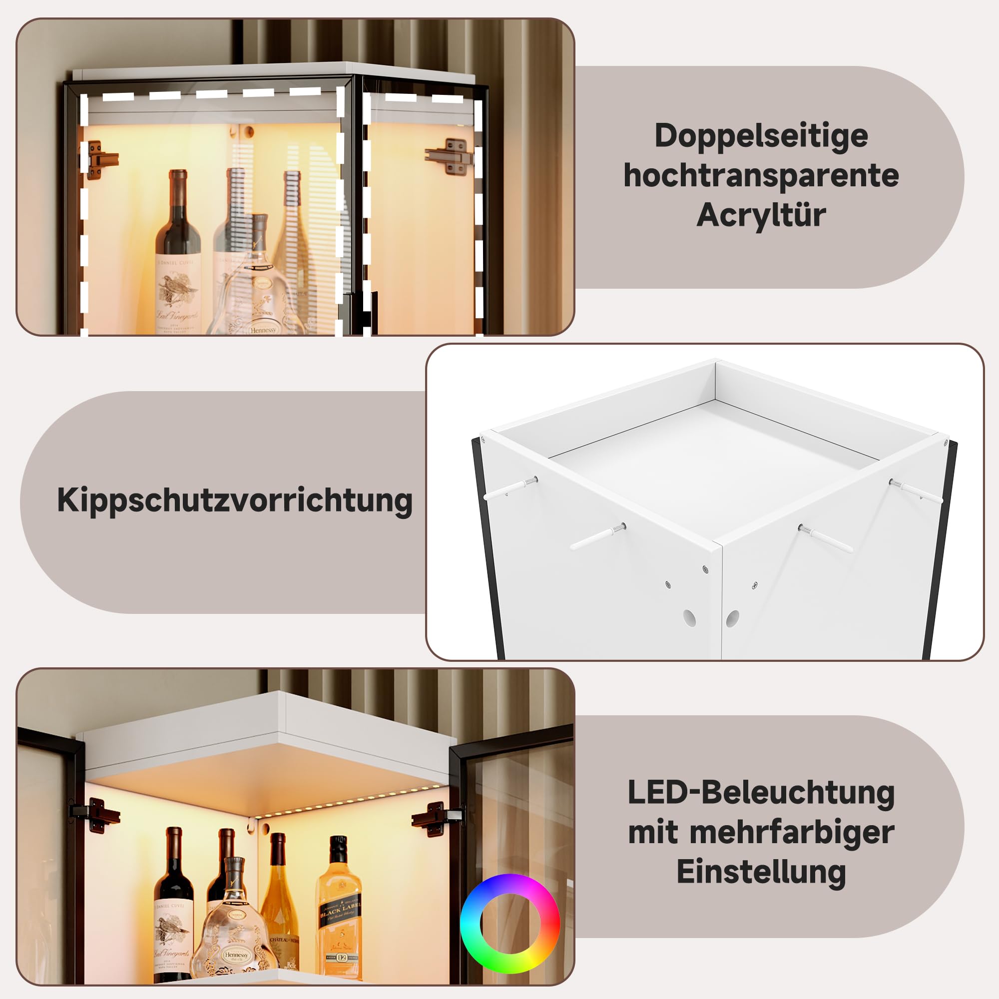 Dolamaní Vetrina angolare alta 170 cm con illuminazione a LED e doppie ante in vetro, vetrina acrilica autoportante, vetrina in vetro con 5 strati, dispositivo antiribaltamento (bianco D)
