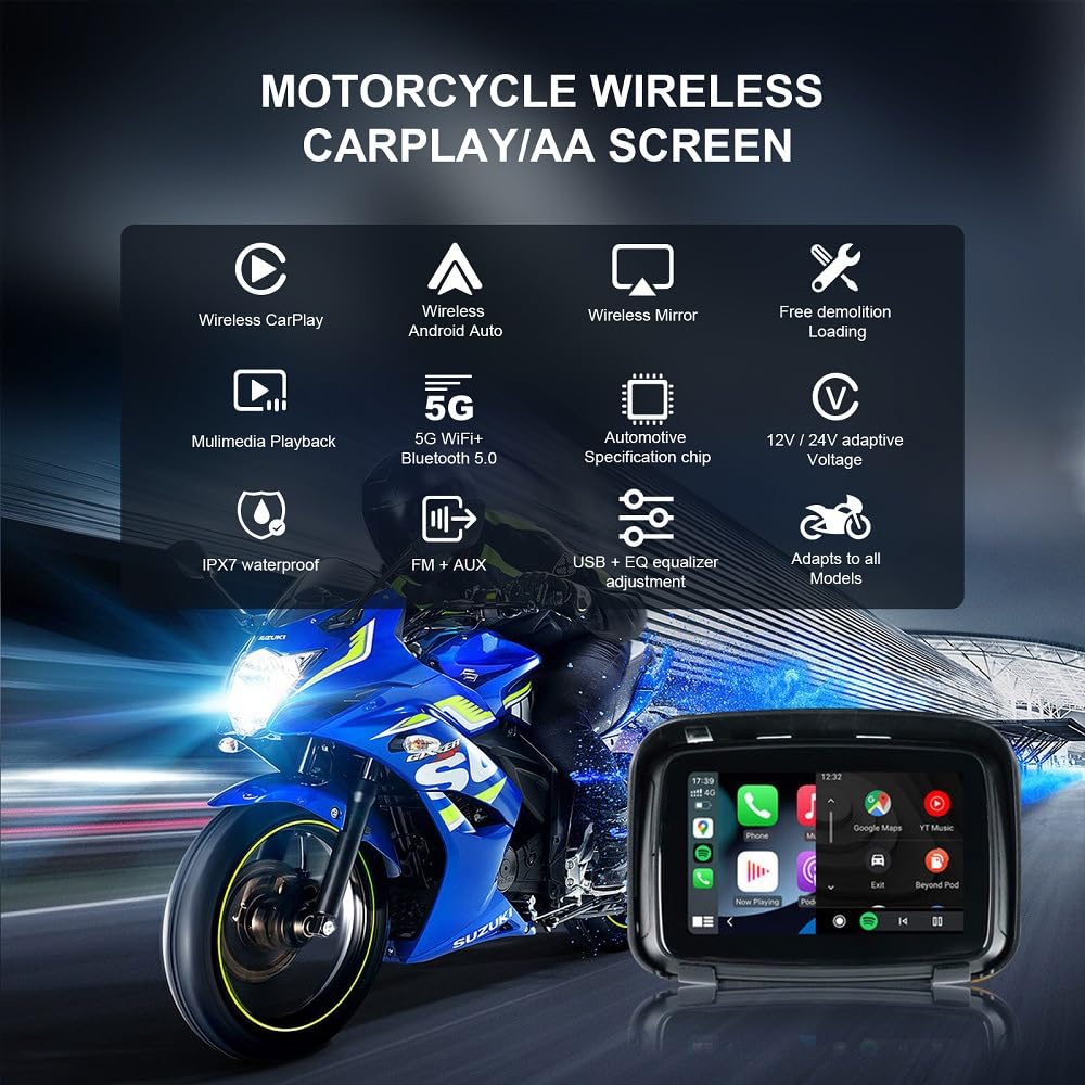 Sunweyer Schermo portatile per Carplay Wireless Android Auto per moto, touchscreen impermeabile IPX7 da 5 pollici, navigazione GPS automatica, doppio Bluetooth 5G, supporto Siri/Google Assistant