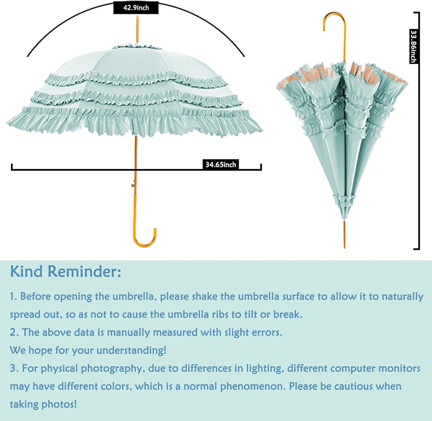 Ruffled Umbrella with Gold Handle, Mint Green and Peach, 34.65 inch Canopy, Decorative Stick Umbrella