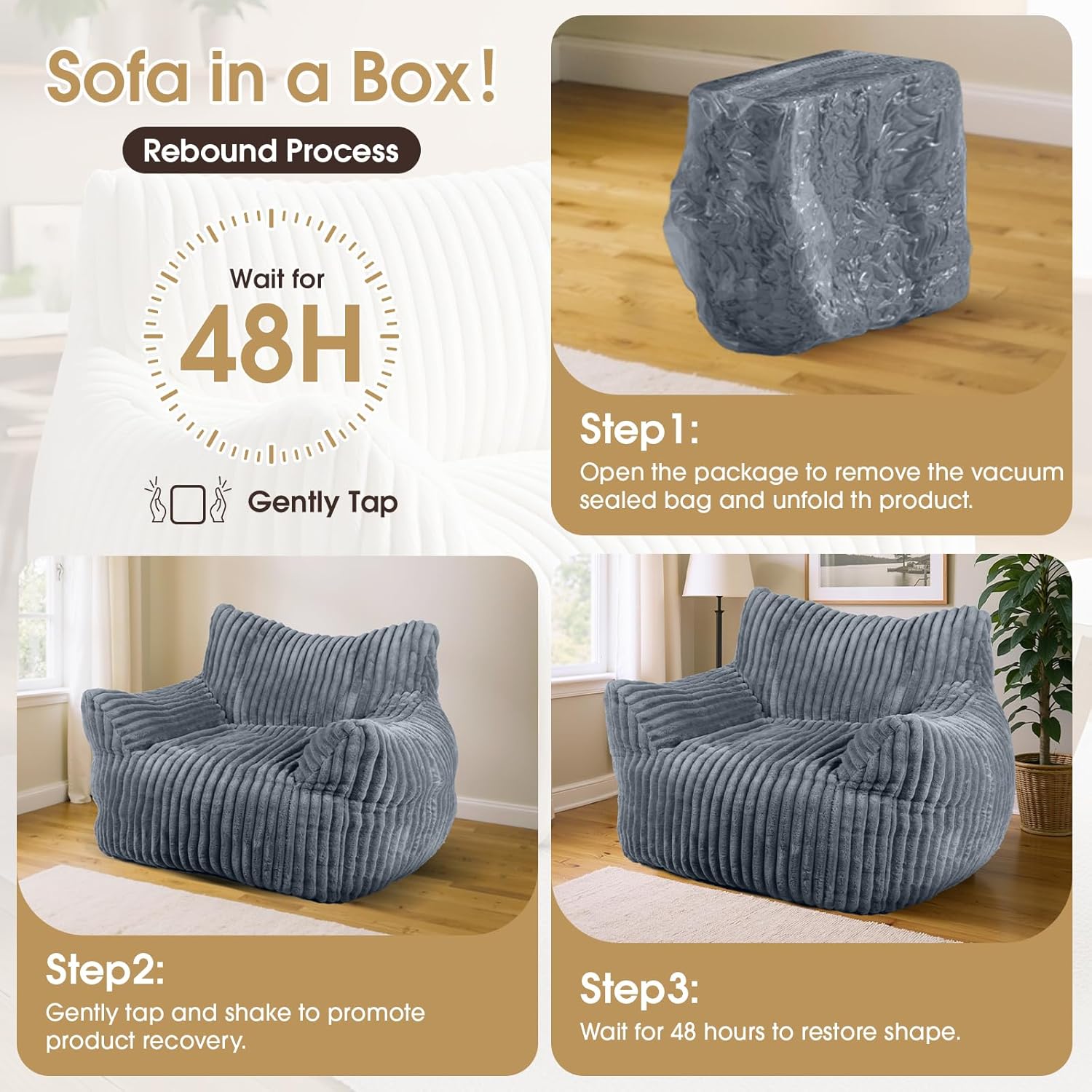 Giant Bean Bag Chair with Ottoman, Oversized Plush Comfy Bean Bag Sofa for Adults and Kids, Memory Foam Mini Couch Single Lounges for Living Room, Bedroom & Game Room(Gray)