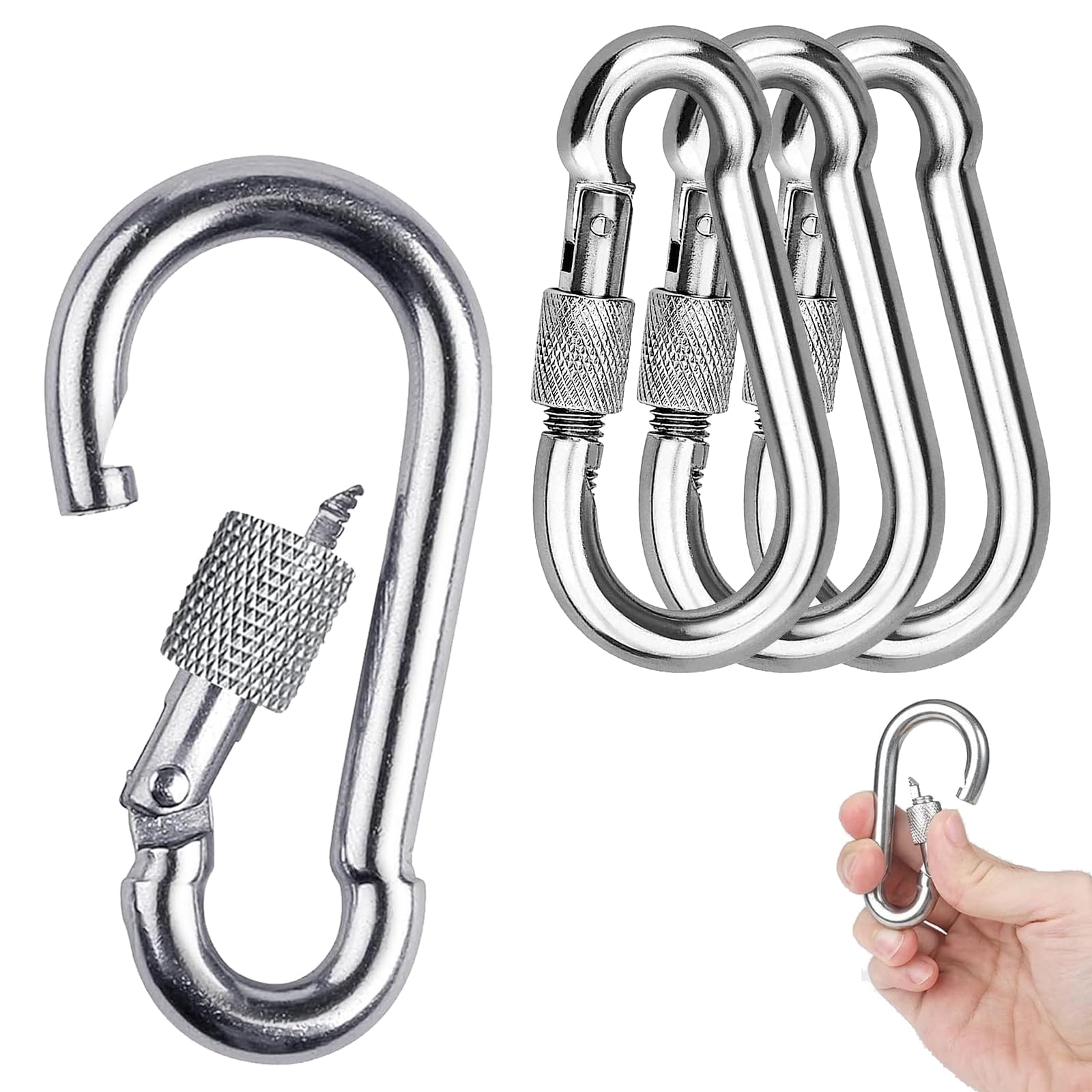 4 PCS M8 Carabiner Clip Heavy Duty, Heavy Duty Carabiner, Carabiner Clip Large, Climbing Carabina Hooks, for Backpacks, Hanging, Camping, Fishing(Silver 8 * 3.8cm)