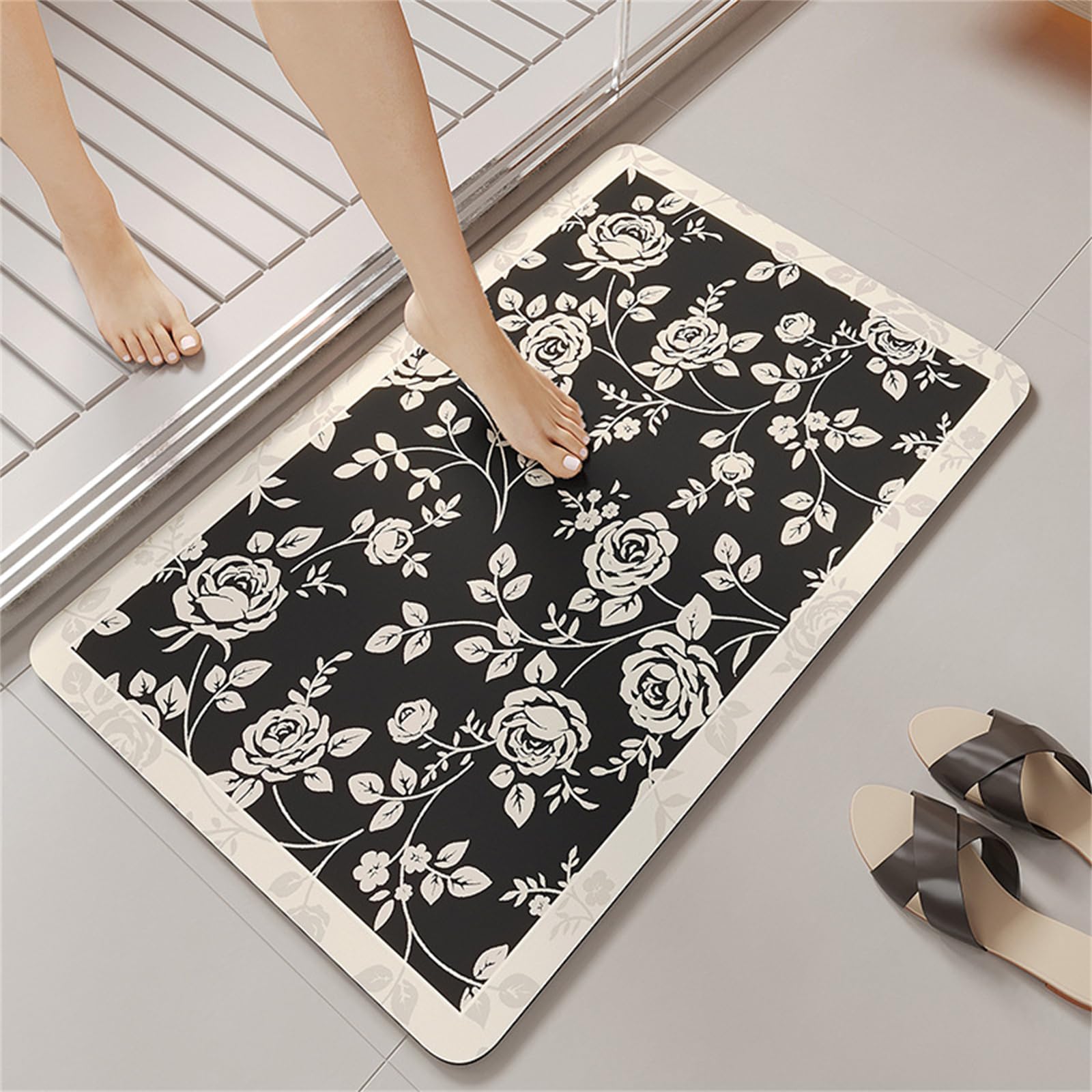 Quick Dry Thin Bath Mat,Super Absorbent Diatomite Stone Bath Mat,Non Slip Diatomaceous Earth Shower Mats,Fast Drying Elegant Floral Motifs Bathroom Carpet for Tub