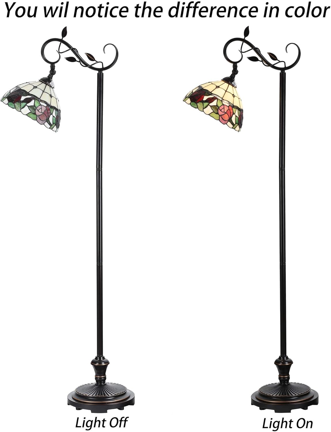 Bieye L10804 Rose Flower Tiffany Style Stained Glass Reading Floor Lamp 59.5 inches Tall, Red