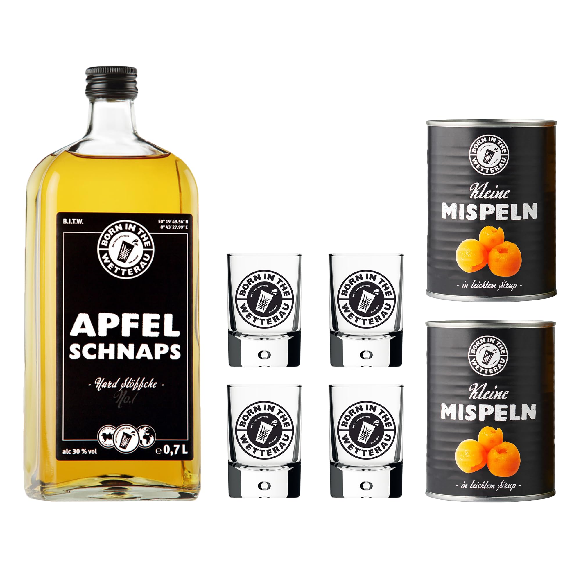 BitW 1x Apfelschnaps 0,7l + 2x kleine Mispeln + 4x Schnapsgläser 4cl | Apfelschnaps 30%-Vol | Born in the Wetterau