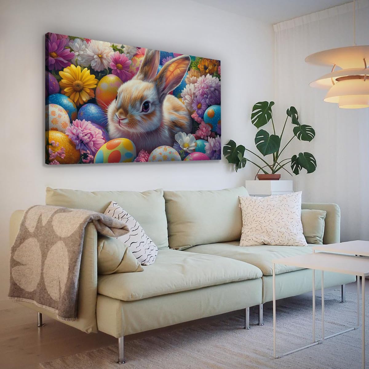 YUNART Zajączek wielkanocny sztuka ścienna vintage króliki jajka wielkanocne i kwiaty, plakat z nadrukiem, obraz wiejski, obraz zwierzęcy do salonu, 30 x 55 cm, rama wewnętrzna