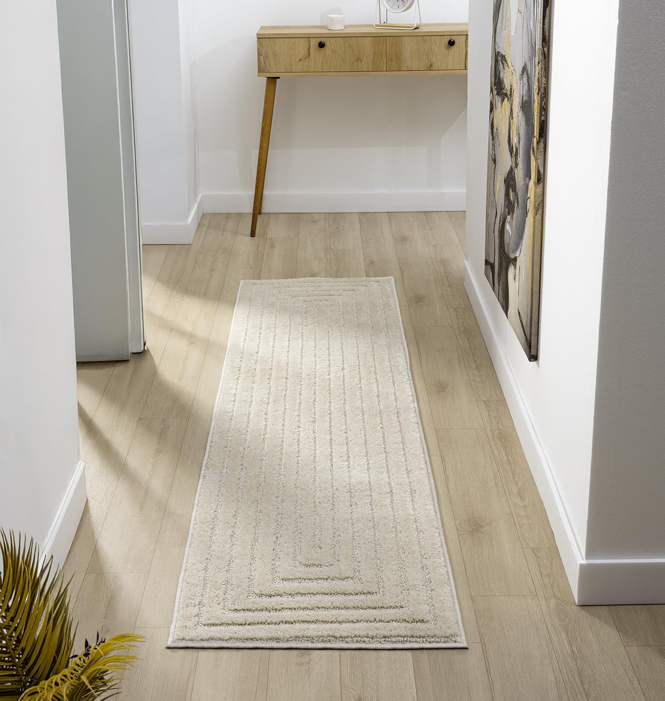 Isabella Scandi Boho Geometric Hallway Runner Rug, Cream, 60x220cm
