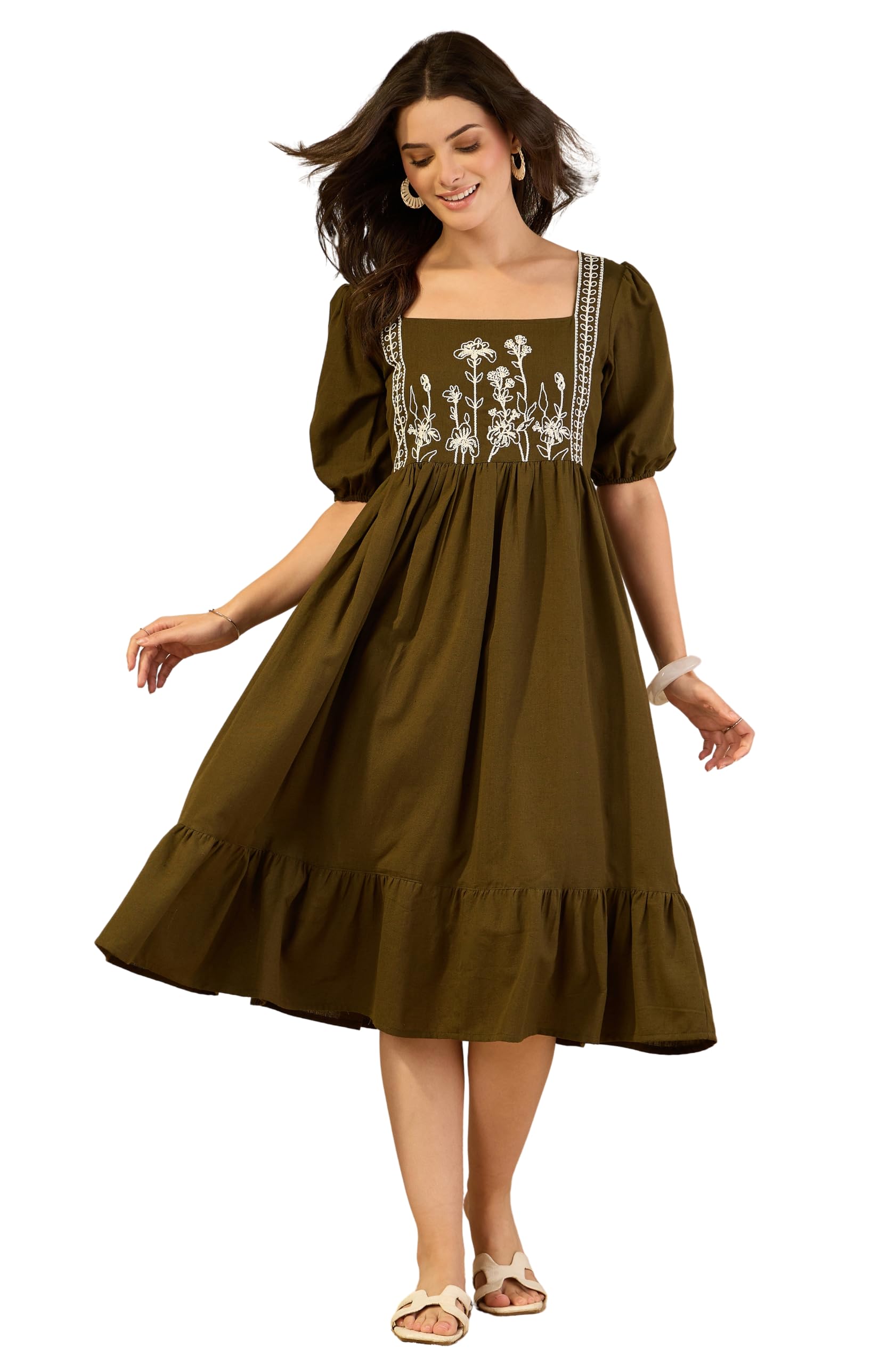 janasya Women's Olive Green Linen Cotton Embroidered A-Line Dress-picture-14
