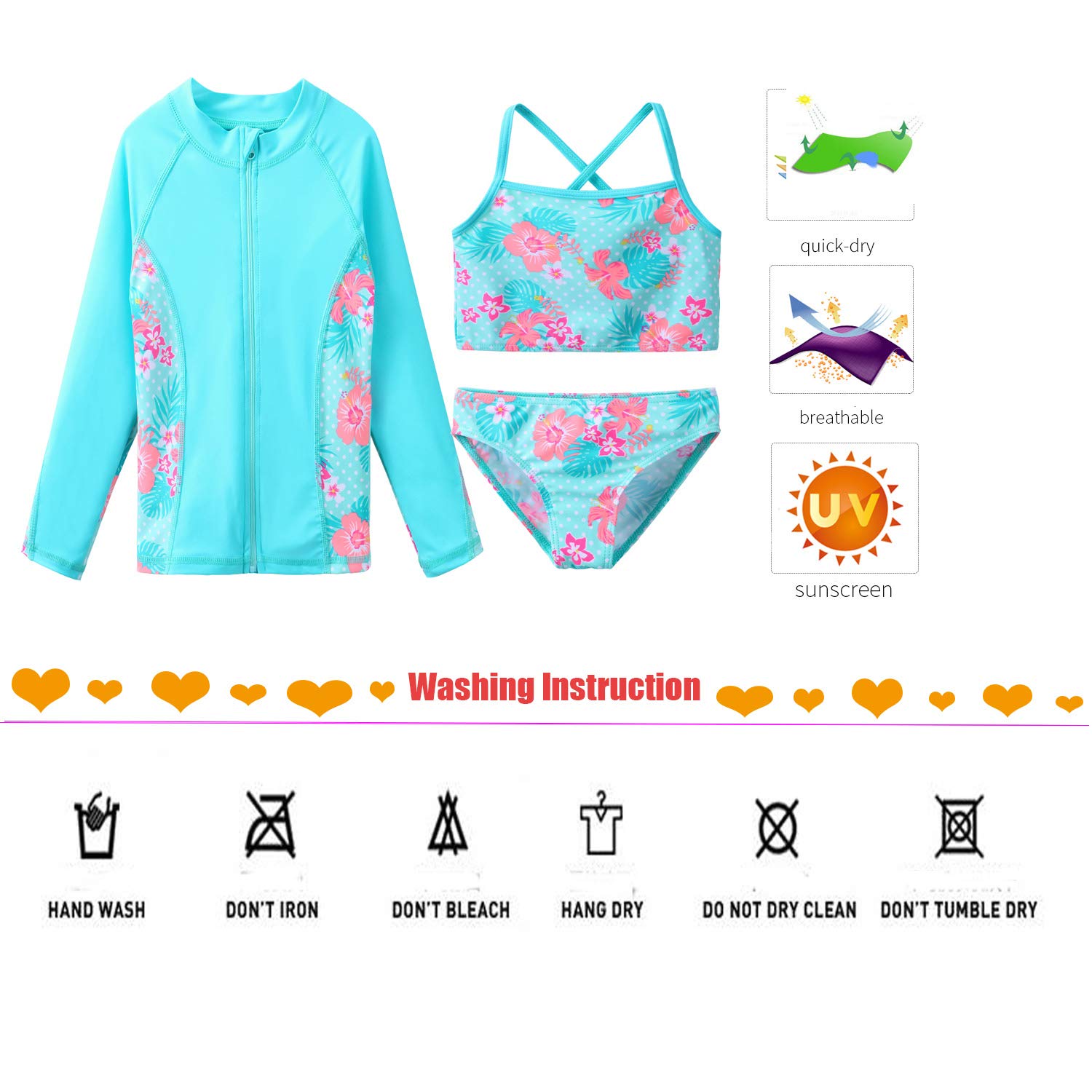 Traje de baño de 3 Piezas con protección contra erupciones UPF 50+ UV Surfing Sunsuit Jacket+Bikini +Bottom Kids Summer Beach Bathing Suit