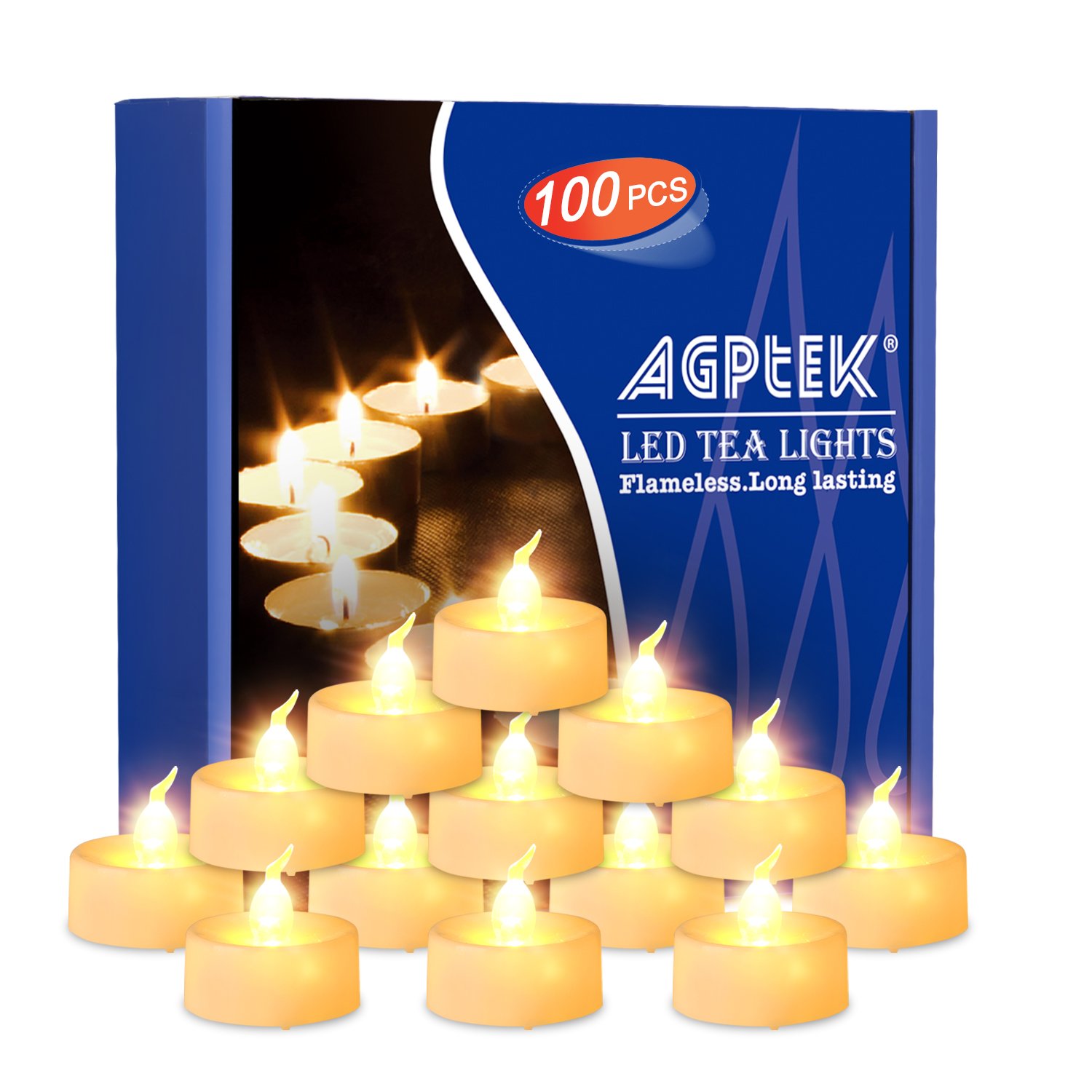 AGPTEK Tea Lights with Flicker,100 Pack Flickering Flameless LED Candles Battery Operated Tealight Candles Long Lasting Tealight for Wedding Holiday Party Home Decoration(Warm White)